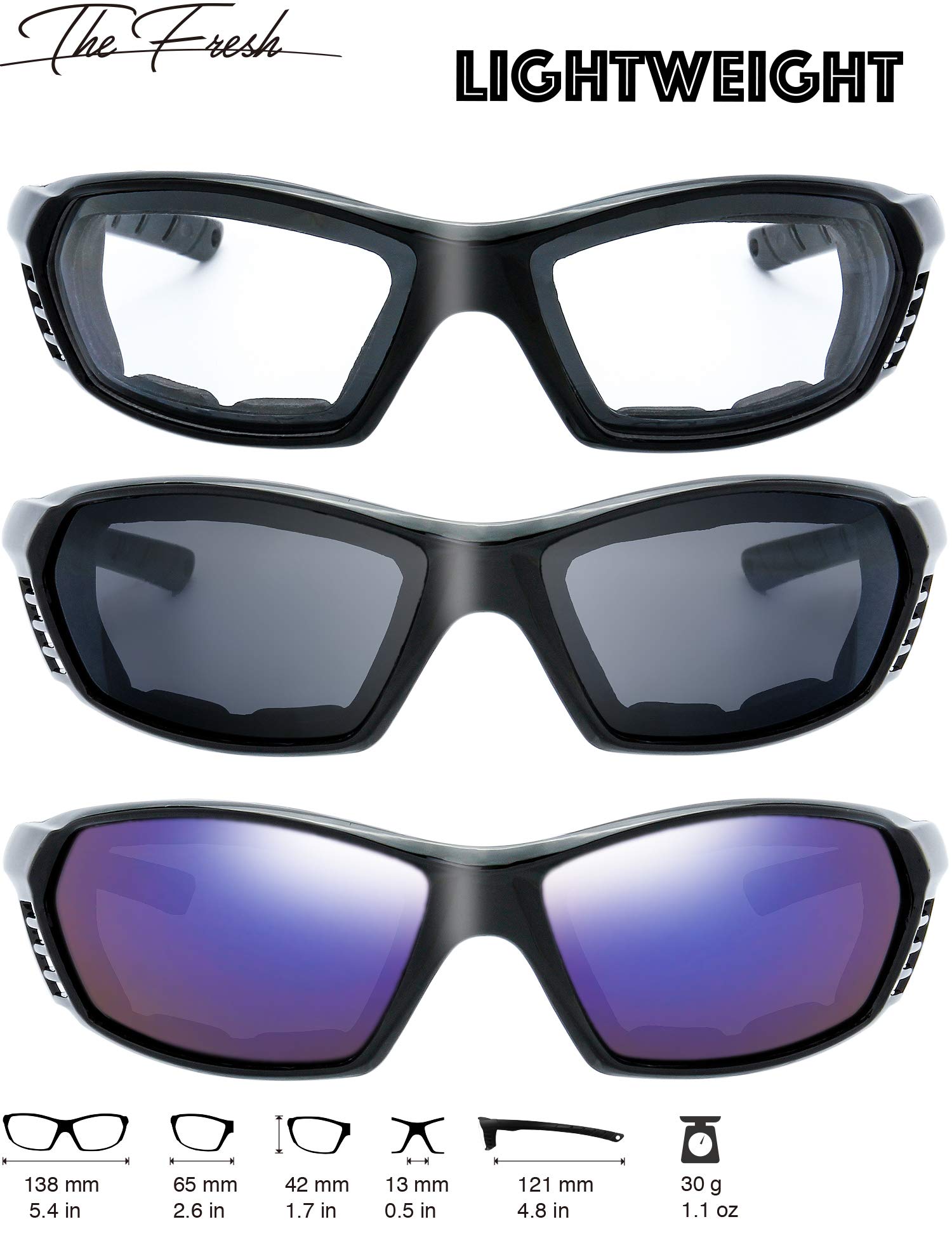 The Fresh Motorcycle Riding Glasses Padded Frame Lens Block 100% Uvb For Outdoor Activity Sport (24-Black, Clear, Grey, & Blue M