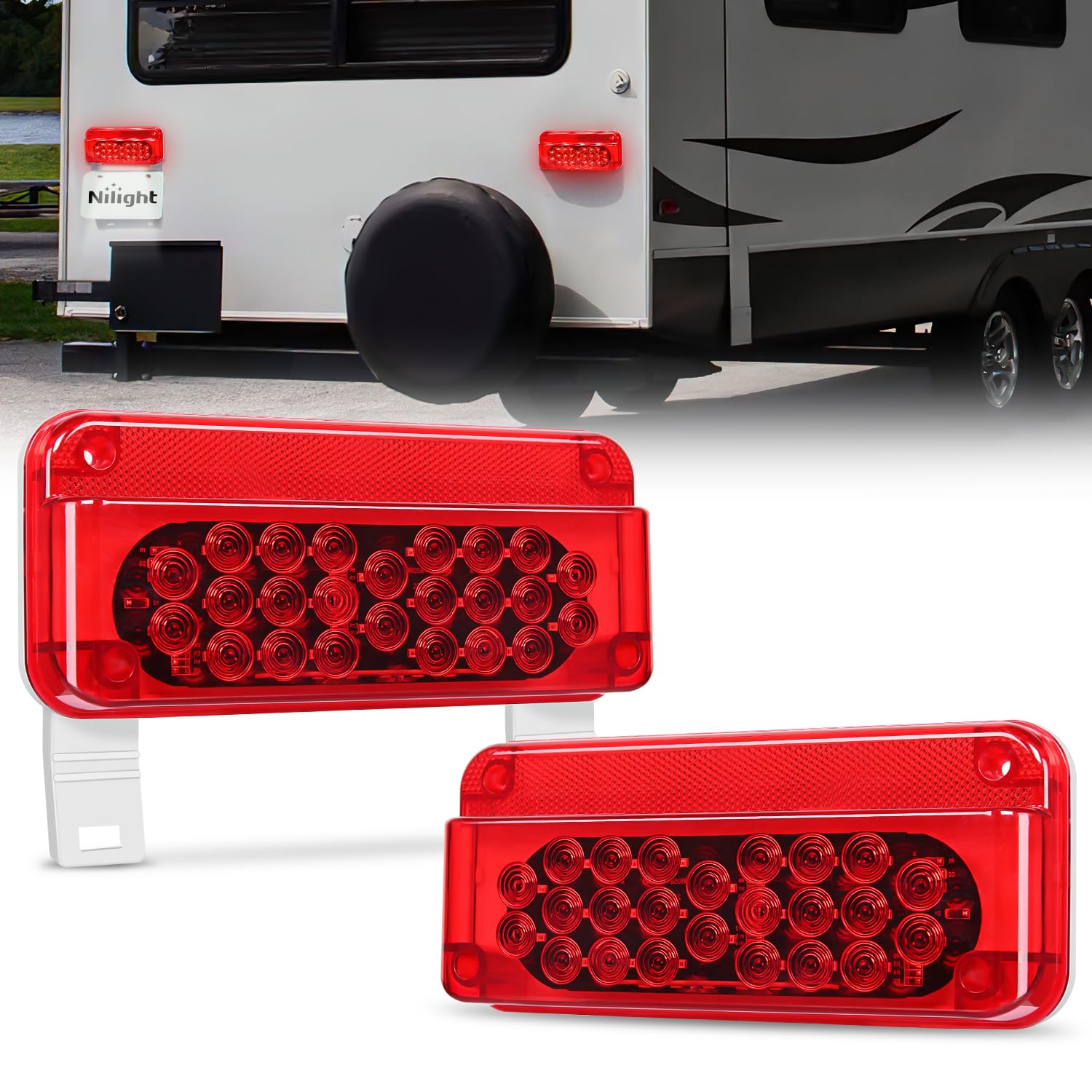 Nilight Rv Tail Light 2Pcs 54 Led White License Plate Lights Red Running Stop Brake Turn Signals Surface Mount Waterproof Tailli