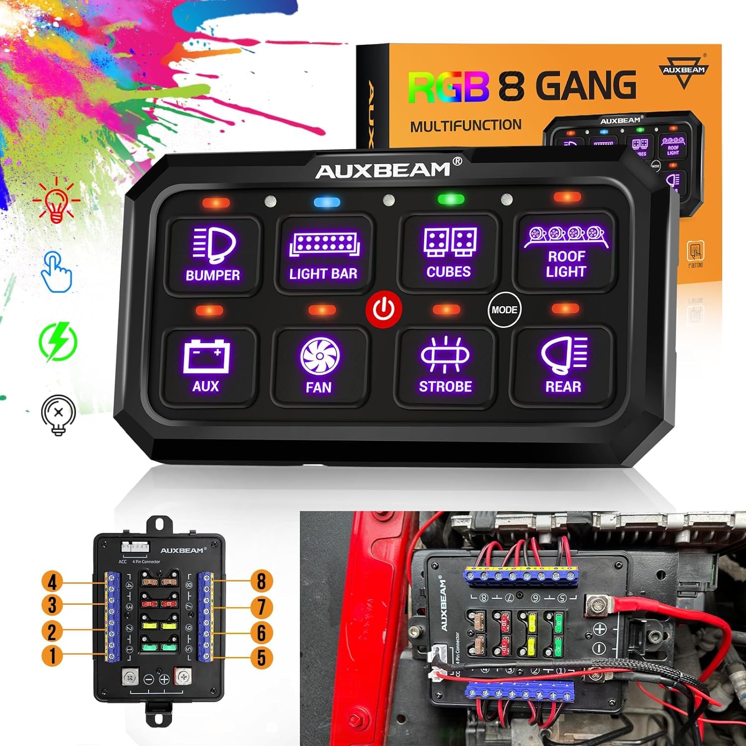 Auxbeam Rgb 8 Gang Switch Panel 5.3 Inch Rb80 Xl With Off Backlight Toggle Momentary Pulsed Switch Pod For Truck Atv Offroad Marine Multifunction Waterproof Circuit Relay System Box, 2 Years Warranty