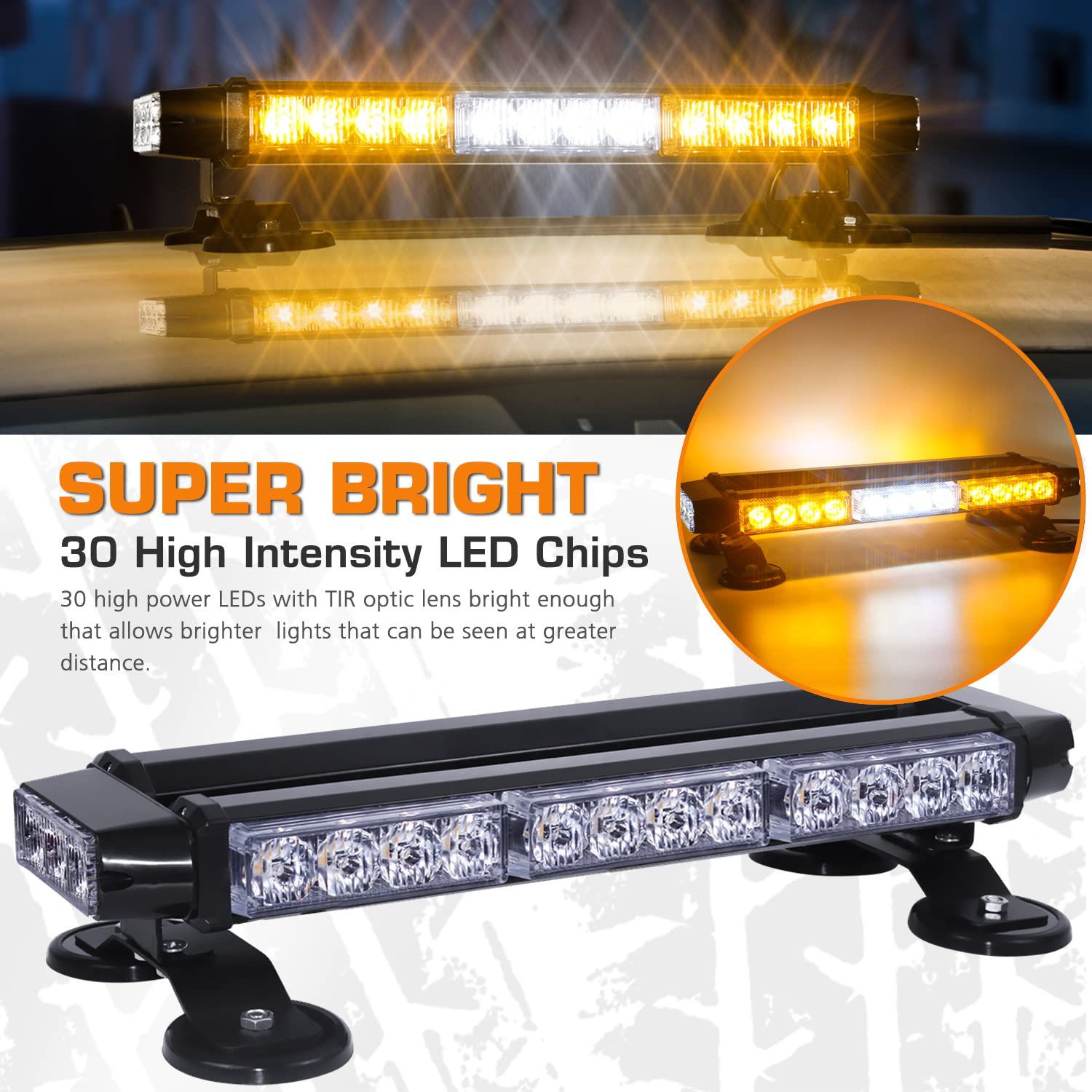 Linkitom Led Strobe Flashing Light Bar -Double Side 30 Led High Intensity Emergency Hazard Warning Lighting Bar/Beacon/With Magn