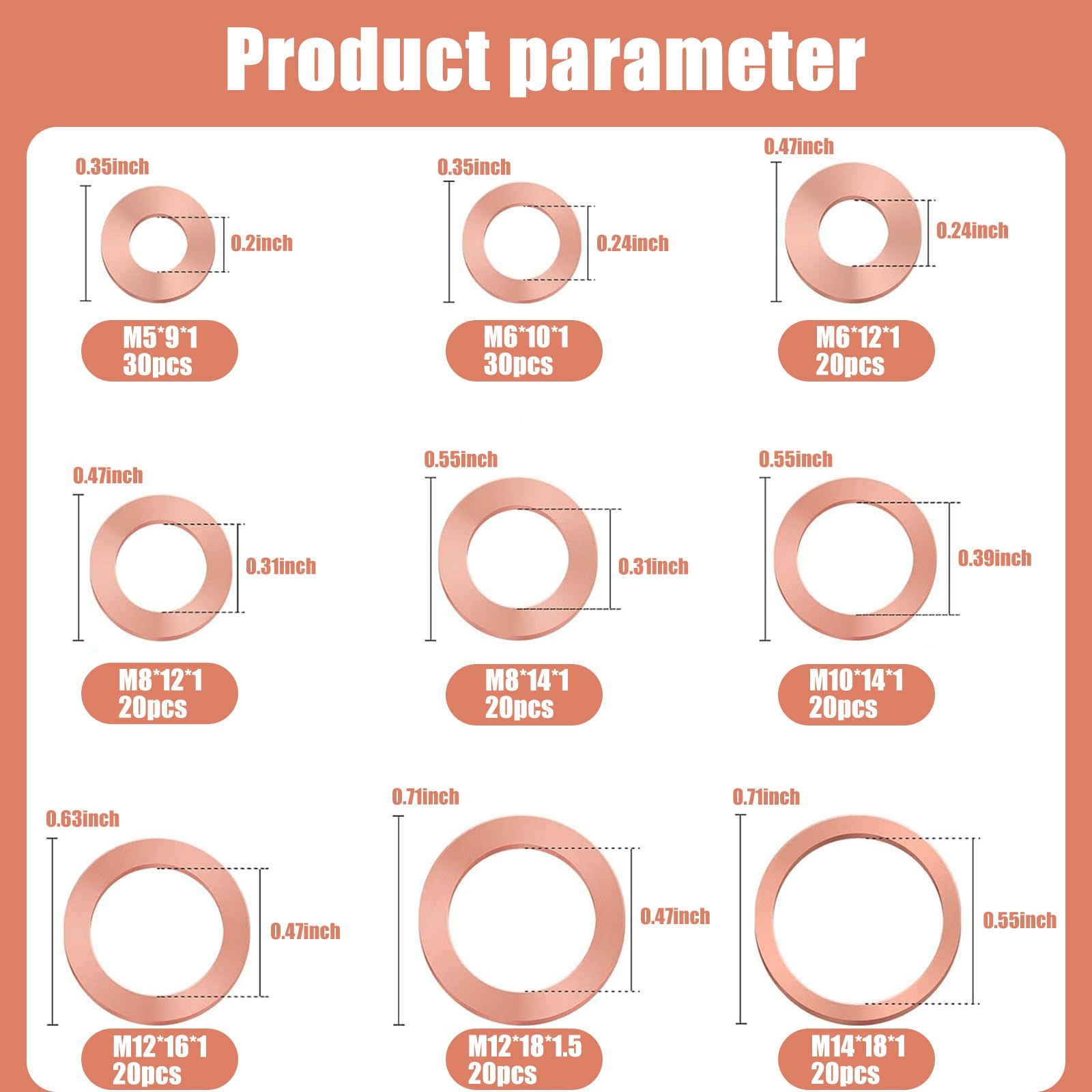 Jeseny 200 Pcs Flat Washers Assortment Set, Copper Metric Sealing Gaskets, Muti-Sized Sump Plugs, Oil Sealing Replacements M5 M6