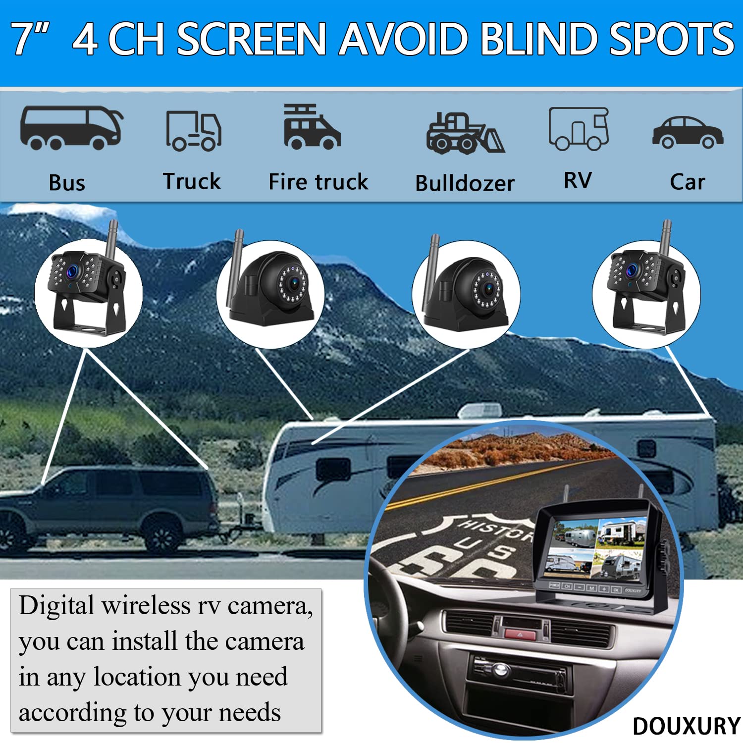 Wireless Rv Backup Camera For Trailer Truck Camper Digital Rear Side View Cameras & Hd 1080P 4 Splits 7'' Dvr Screen With Adapte