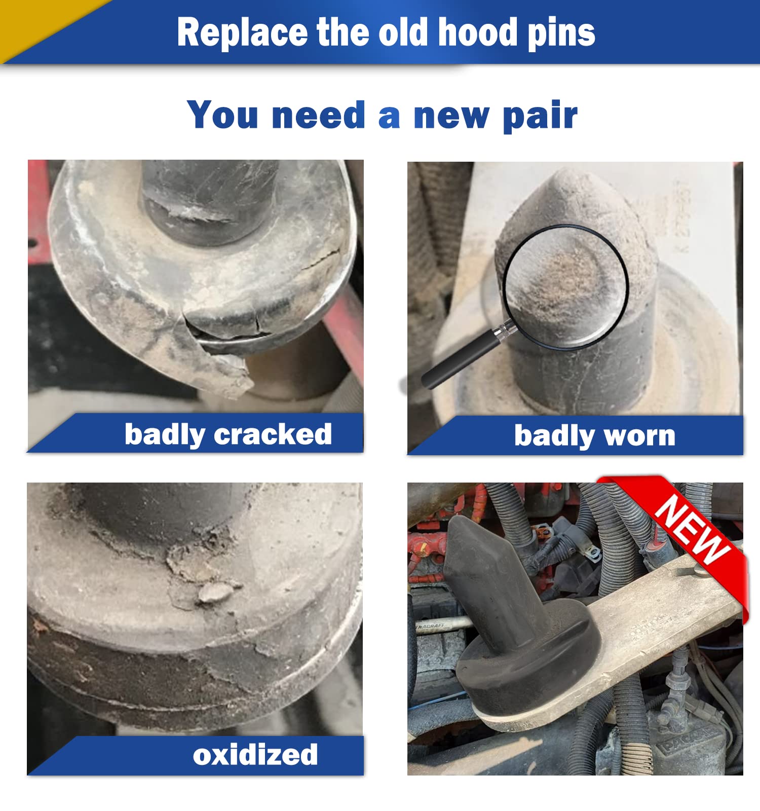 (Set of 2) 924-5410 Hood Pin Poly Kit for Kenworth T2000, T400, T440, T450, T470, T600, T600A, T660, T800, W900 Exterior Hood Mo