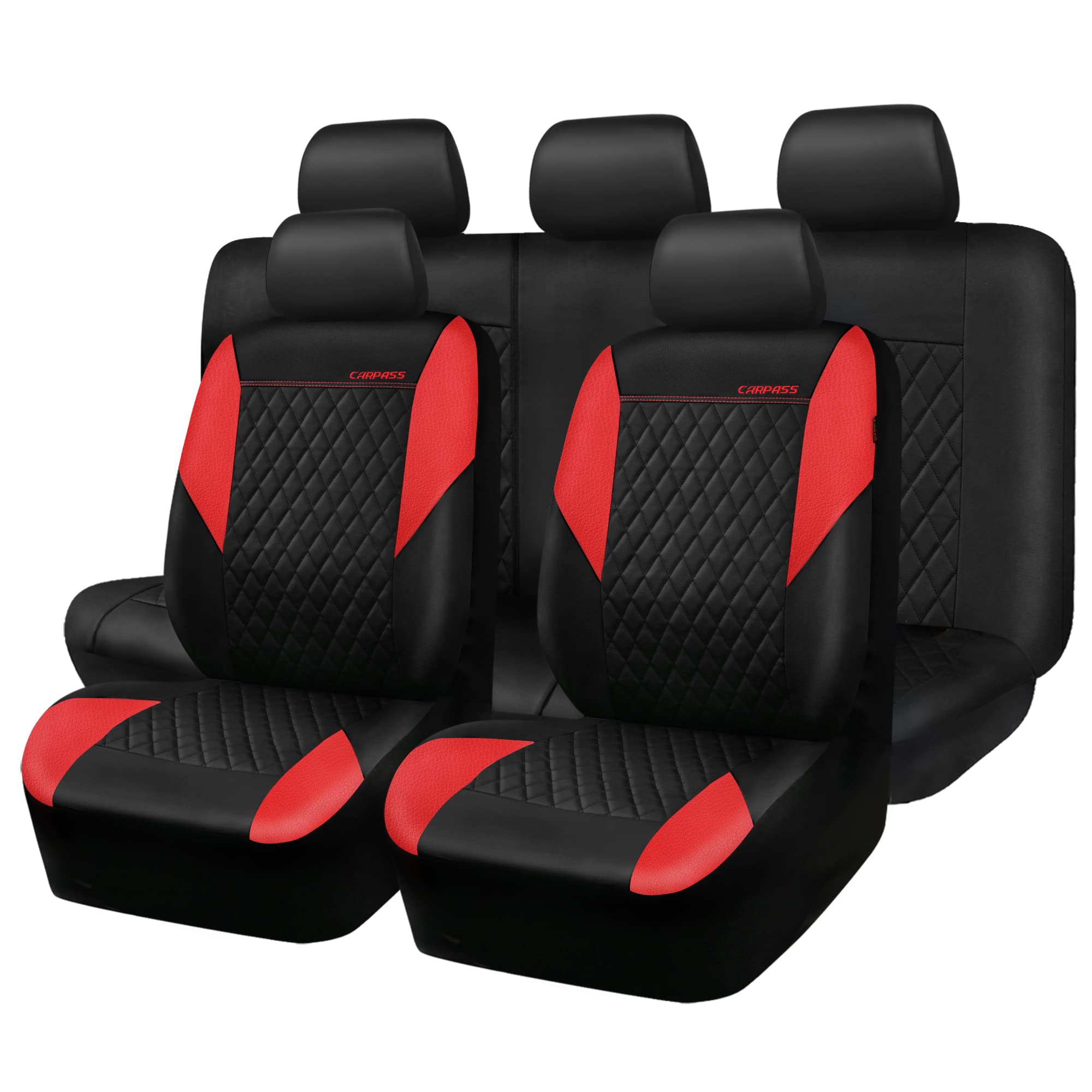 Car Pass Red Leather Seat Covers Full Set-Universal Quilting Pretty Girly Car Seat Cover With 5Mm Composite Sponge Inside,Airbag