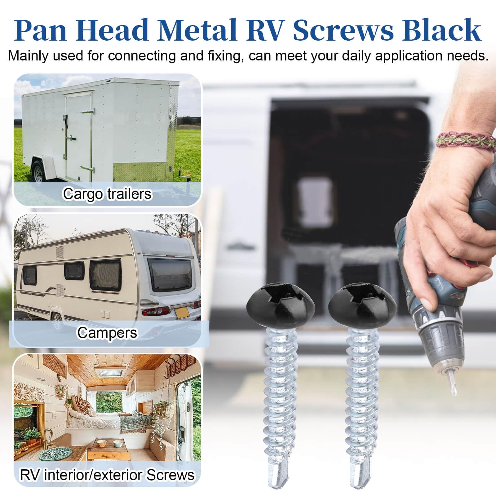 Pan Head Metal RV Screws Black #8 X 1/2 for Quad Drive Self Tapping Drill RV Interior and Exterior Enclosed Trailer Repair Scr