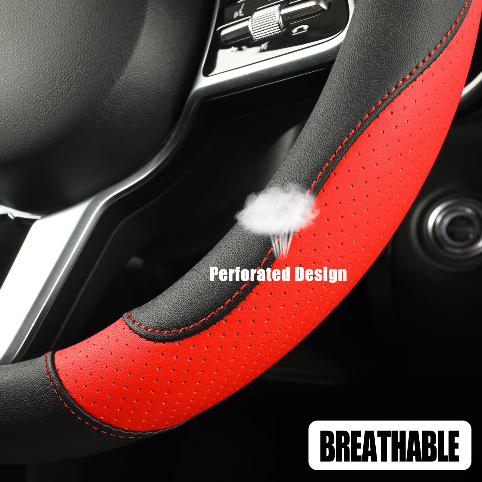 Binsheo Microfibre Leather Auto Car Steering Wheel Cover,Anti Slip 15 Inch,Black And Red