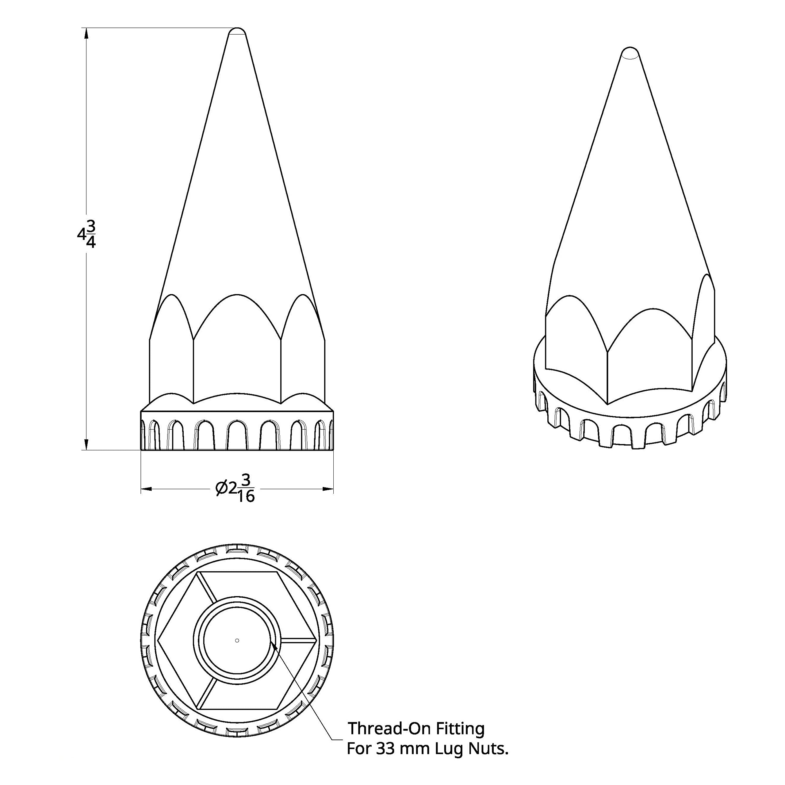 United Pacific 10548Cb - Wheel Lug Nut Cover Set - 33Mm X 4.75&quot; Black Spike Nut Cover With Flange- Thread-On (60 Pack)