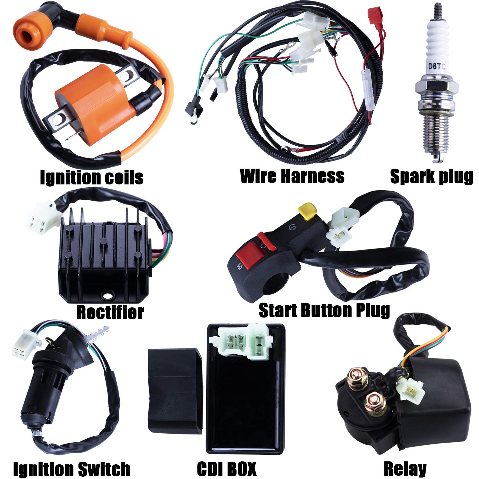 Full Electrics Wiring Harness Coil Ignition Switch CDI Solenoid Relay Spark Plug for 4 Wheelers Stroke ATV 150cc 200cc 250cc Qua