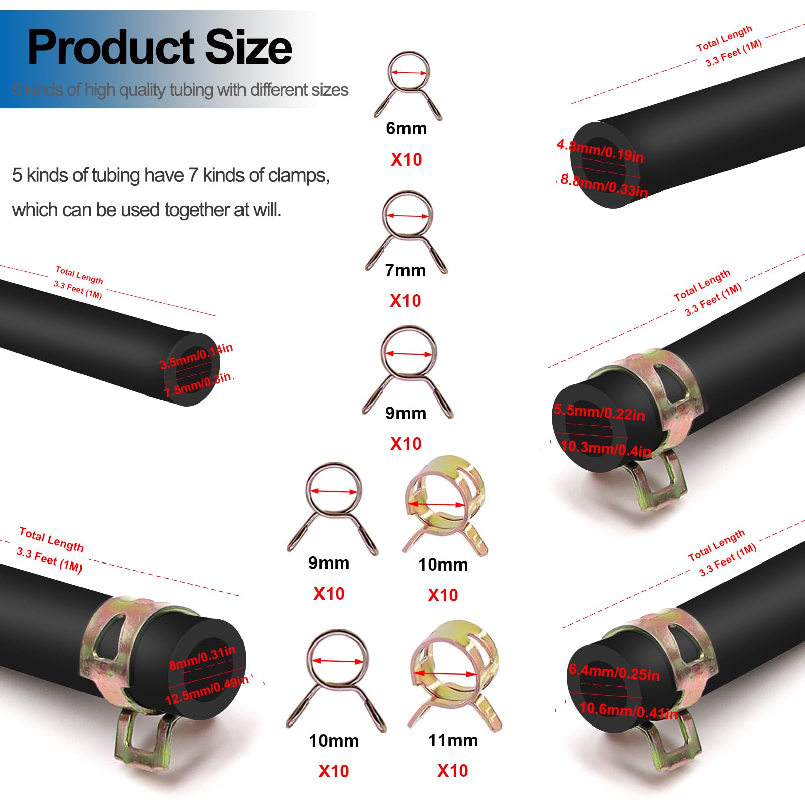 Tnisesm 3.3Feet 5 Size-1/8'' 3/16'' 0.22'' 1/4'' 5/16''Id Fuel Line Gas Tube Hose With 70Pcs Clamps Compatible Small Engines Kaw