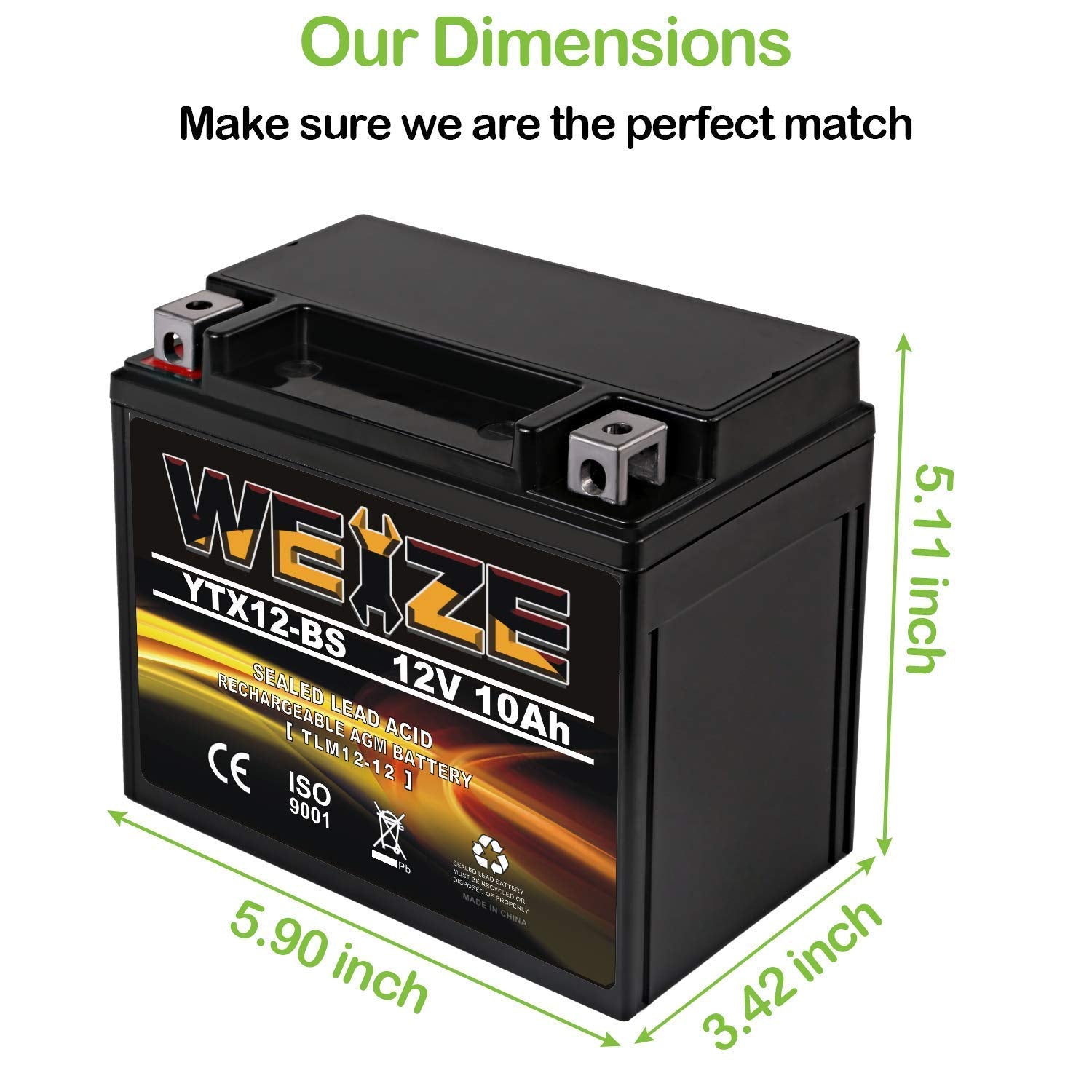 Weize YTX12-BS Motorcycle Battery High Performance - Maintenance Free - Sealed YTX12 BS AGM Rechargeable ATV Batteries compatibl