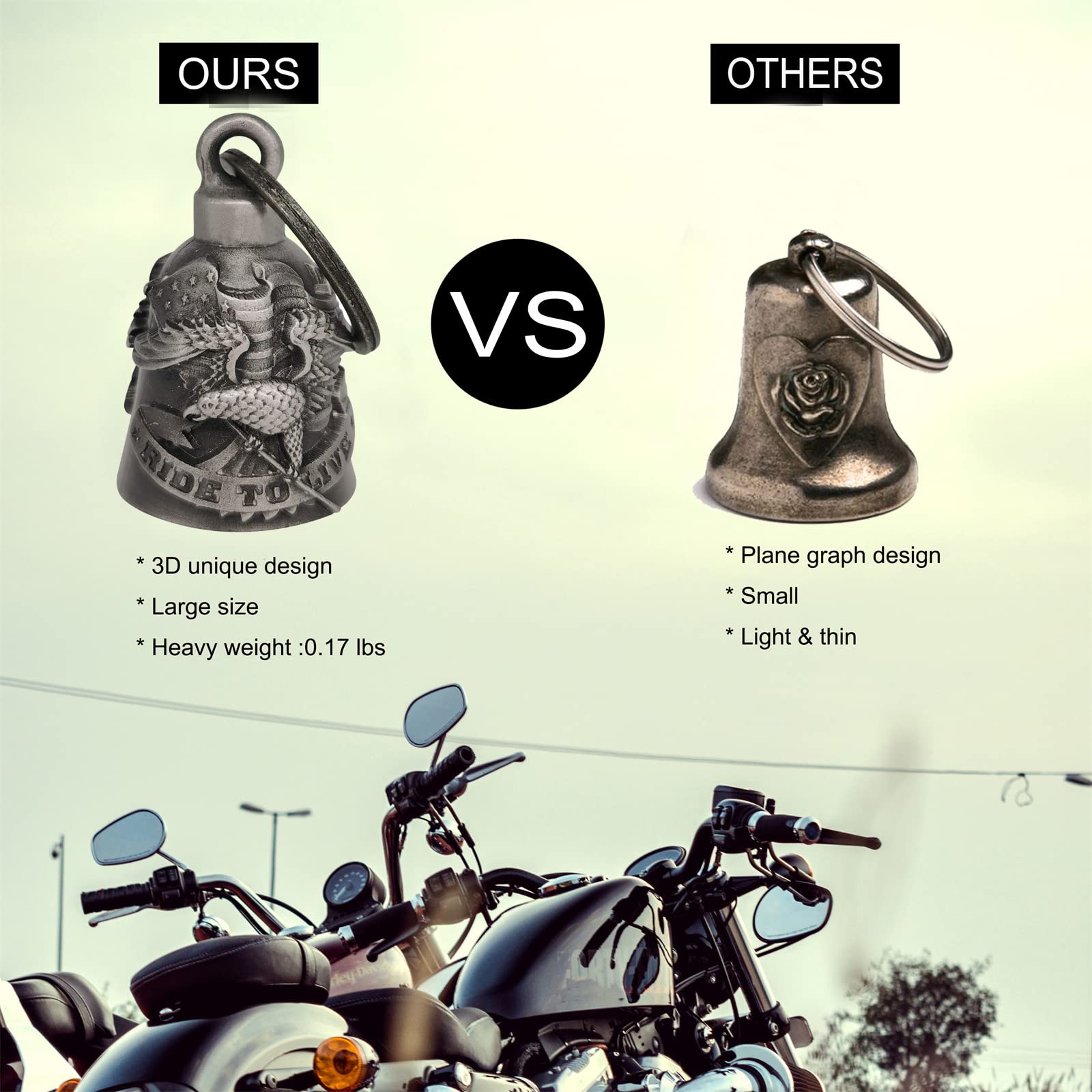 Dream Apparel Motorcycle ride bell for bikers,heavy spirit bells accessory and key chain for luck (DBL18-L ride to live)