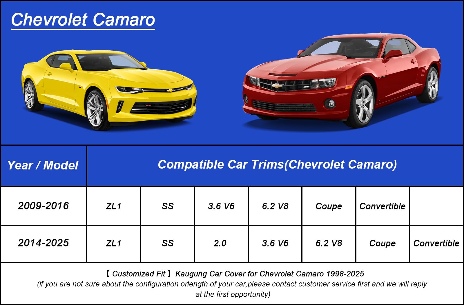 Kaugung Car Cover Waterproof Custom Fit Chevy Chevrolet Camaro(1998-2025), Full Exterior Cover For Automobiles Lightweight Resis