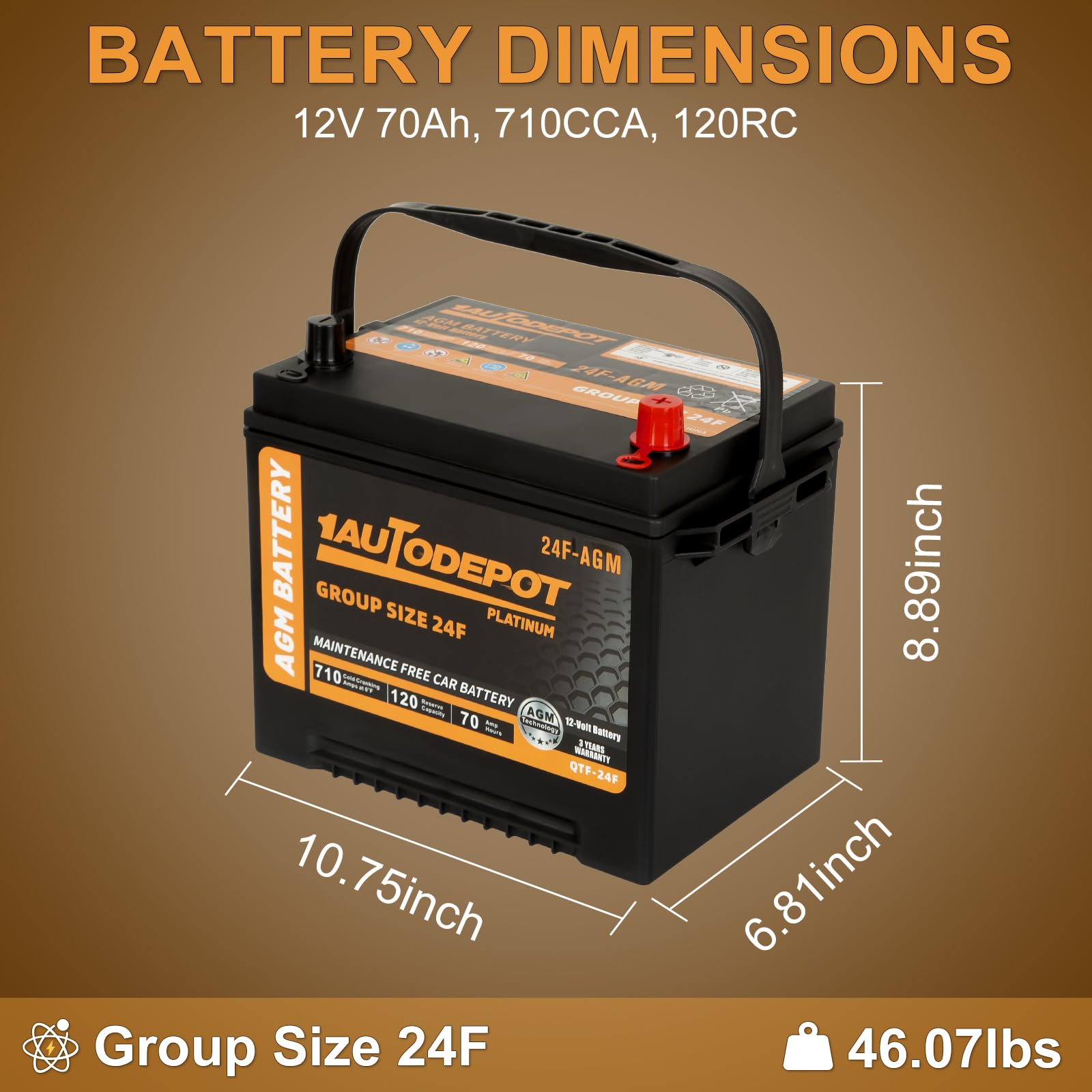1Autodepot Bci Group 24F Car Battery, 12V 70Ah Automotive Battery Premium Maintenance Free Agm Batteries, 710Cca, 120Rc, 36 Mont