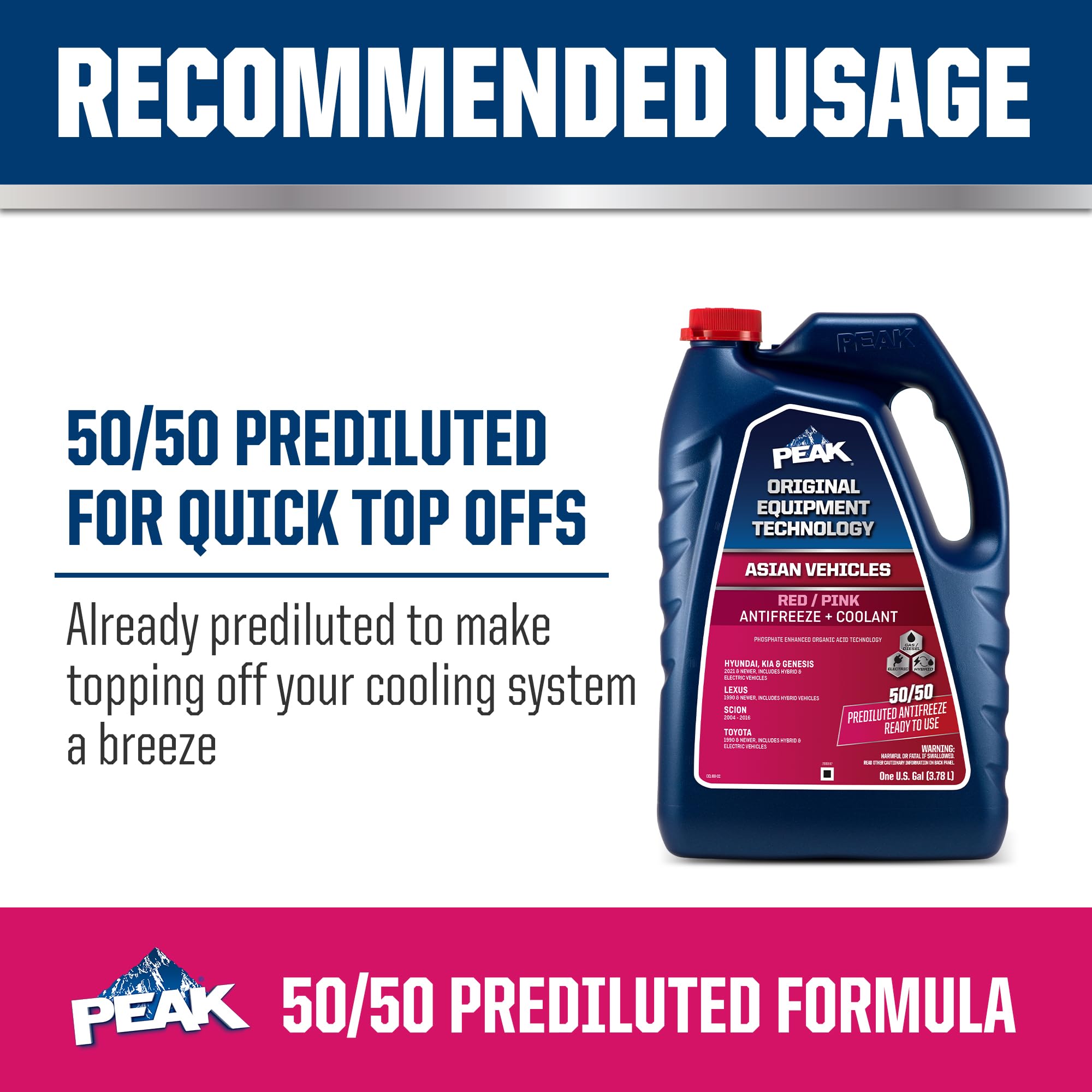 Peak Oet Extended Life Red/Pink 50/50 Prediluted Antifreeze/Coolant For Asian Vehicles, 1 Gal.