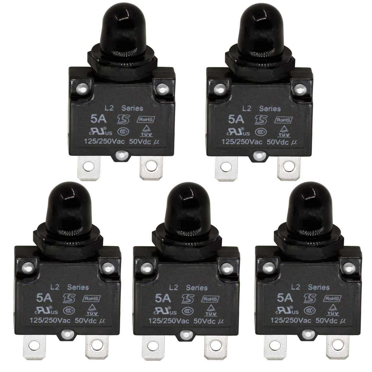 Rkurck Ac 125/250V Push Button Reset 5A Circuit Breakers Thermal Overload Protector With Quick Connect Terminals And Waterproof Button Black Cap(5 Pcs)