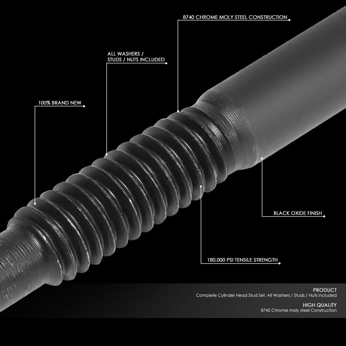 DNA MOTORING LEPOW-015 Steel 12-Point Cylinder Head Studs Nuts Set For 04-Newer LS1 LS3 Chevy LS1 LS6 L98, Black
