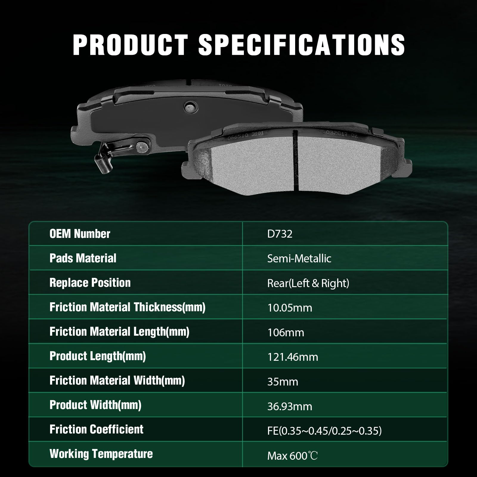 Automuto 4Pcs Rear Semi-Metallic Disc Brake Pads Set D732 For Cadillac Xlr 2004-2009,For Chevrolet Corvette 1997-2004 2006-2013
