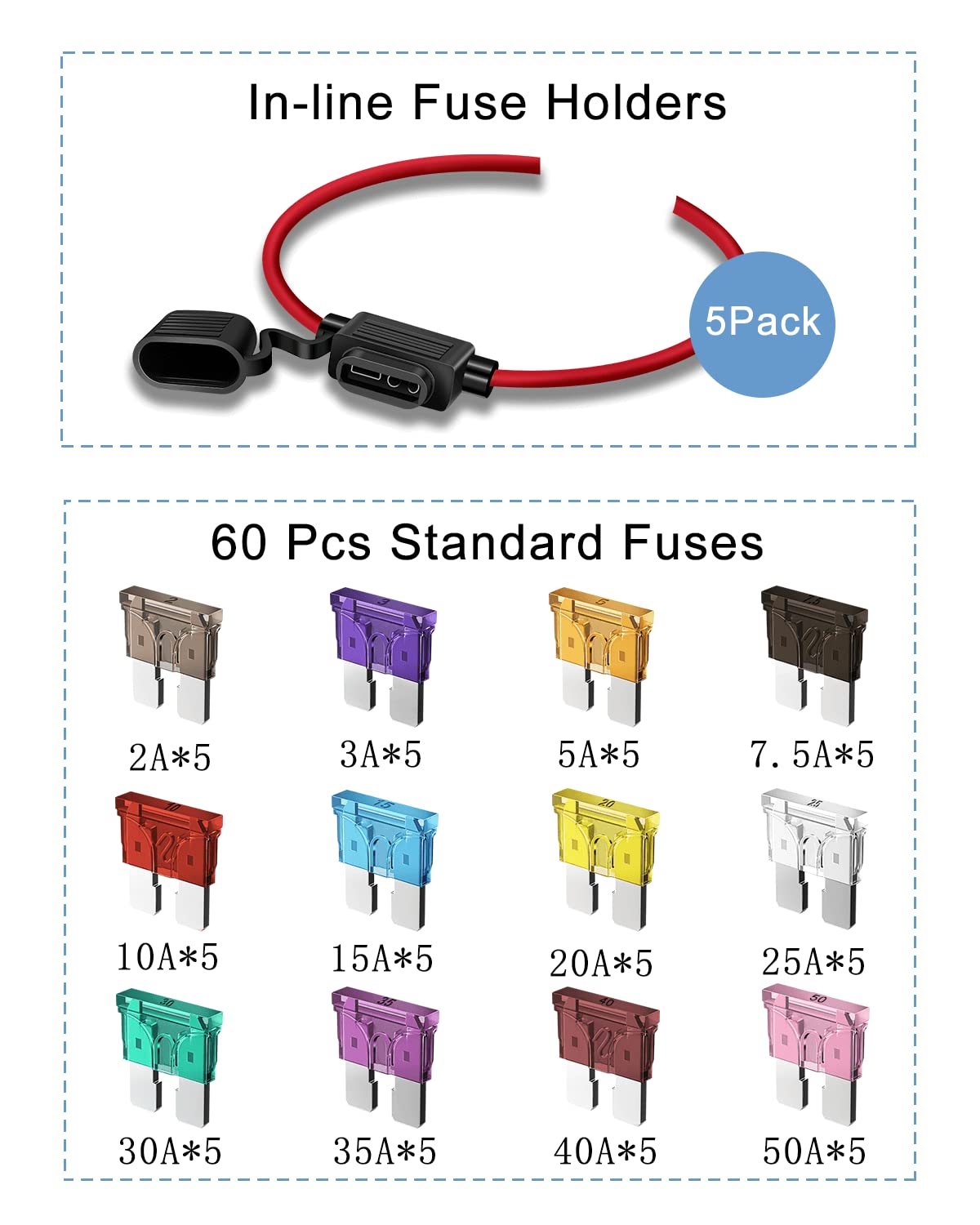Riseuvo 5 Pack 12 AWG Inline Fuse Holder with 60 ATC/ATO Blade Fuses (2A-50A) - Automotive Replacement Fuse Holder