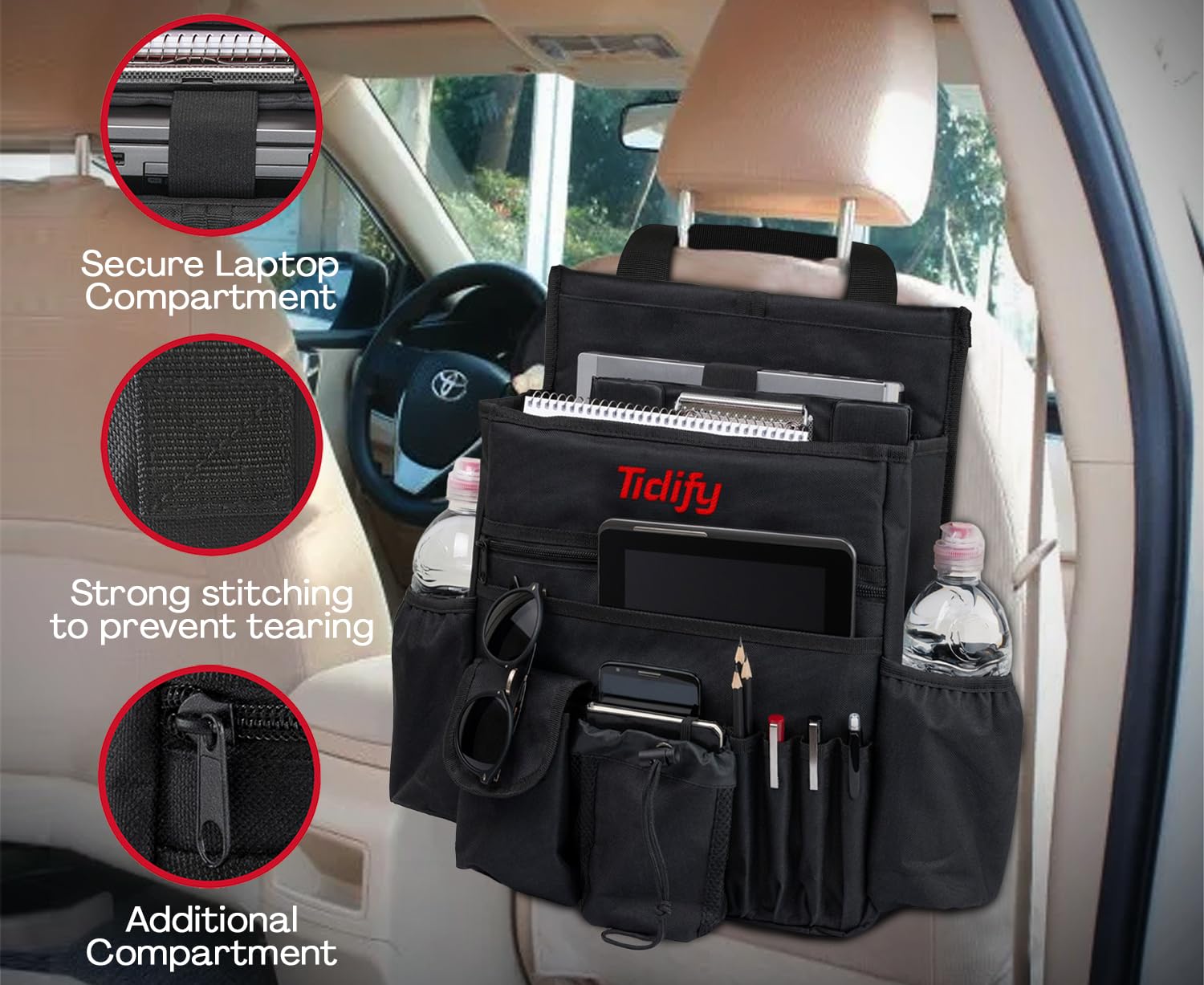 Back Seat Car Organizer with Dedicated Tablet and Laptop Storage Stabilizing Side Straps Soft Adjustable Shoulder Strap and Hard