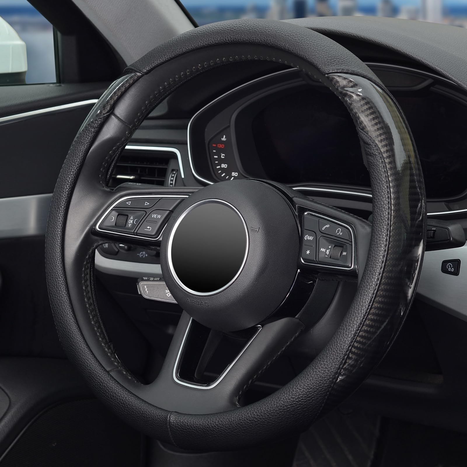 Zhol Car Steering Wheel Cover Universal 14 1/2-15 Leather Carbon Fiber Anti-Slip Car Accessories, Black