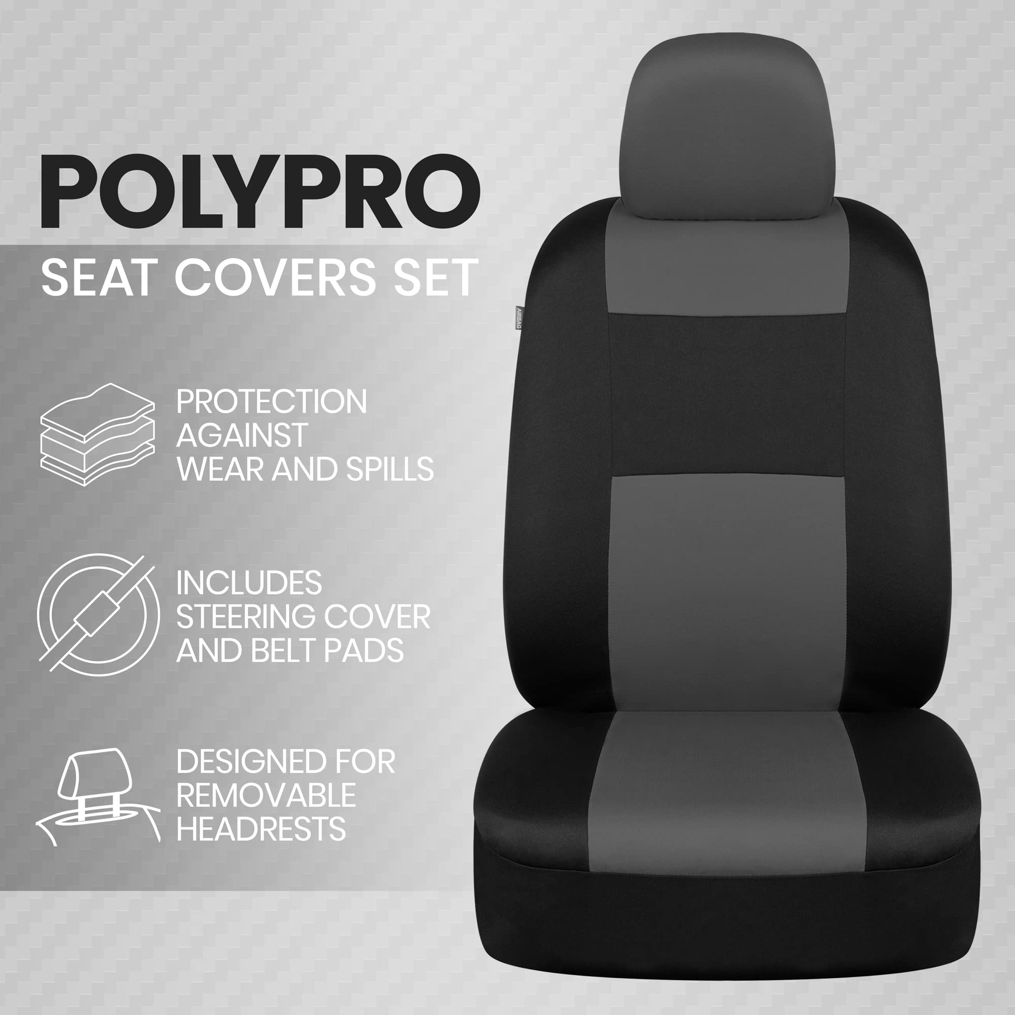 Bdk Polypro Car Seat Covers Full Set In Charcoal On Black With Steering Wheel Cover & Seat Belt Pads - Front And Rear Split Benc