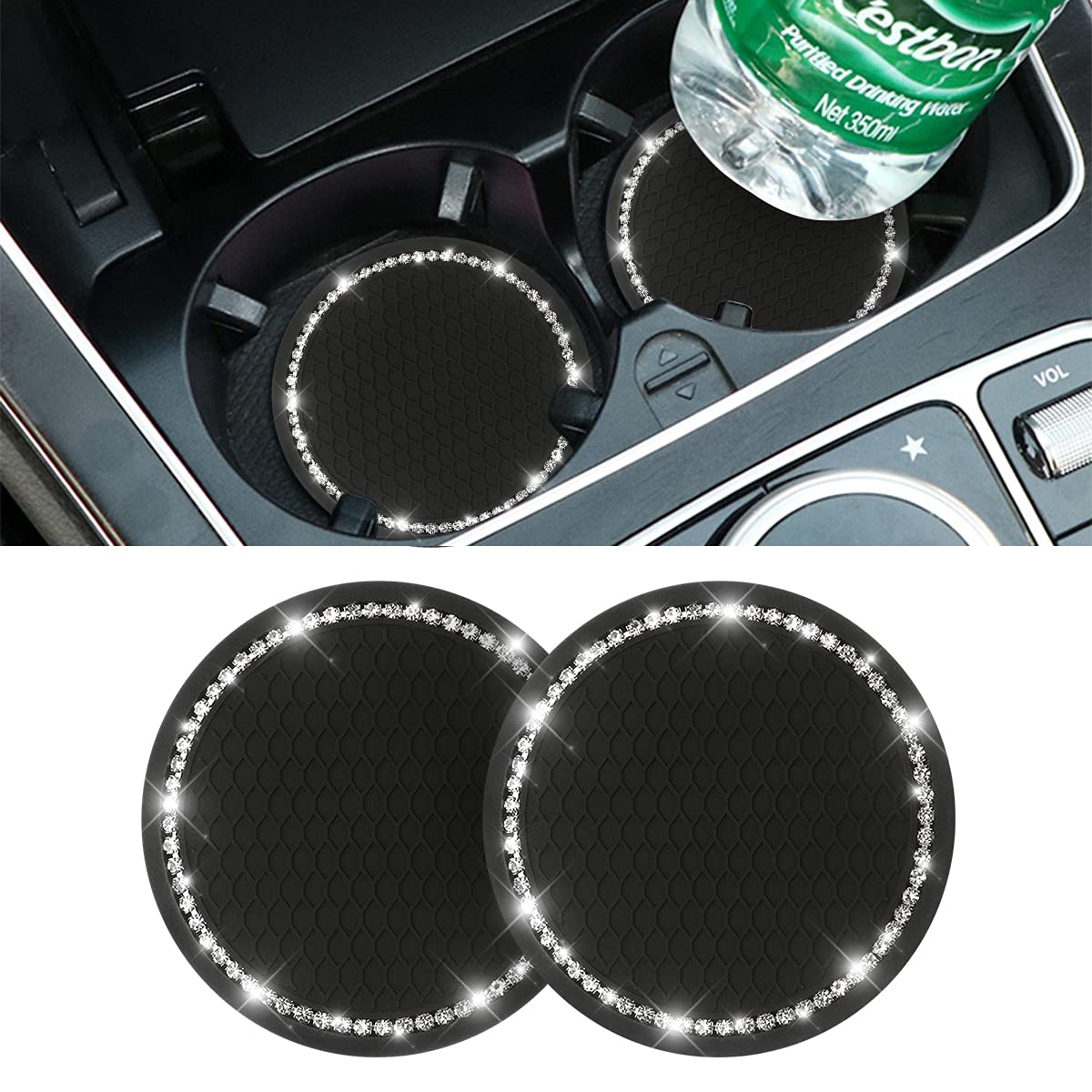 Car Bling Cup Holder Coaster, 2 Pack 2.75 Inch Crystal Rhinestone Car Cup Holder Insert Coaster,Universal For Cars, Vehicles, Suvs, Car Interior Accessories For Women And Men (Black/White)