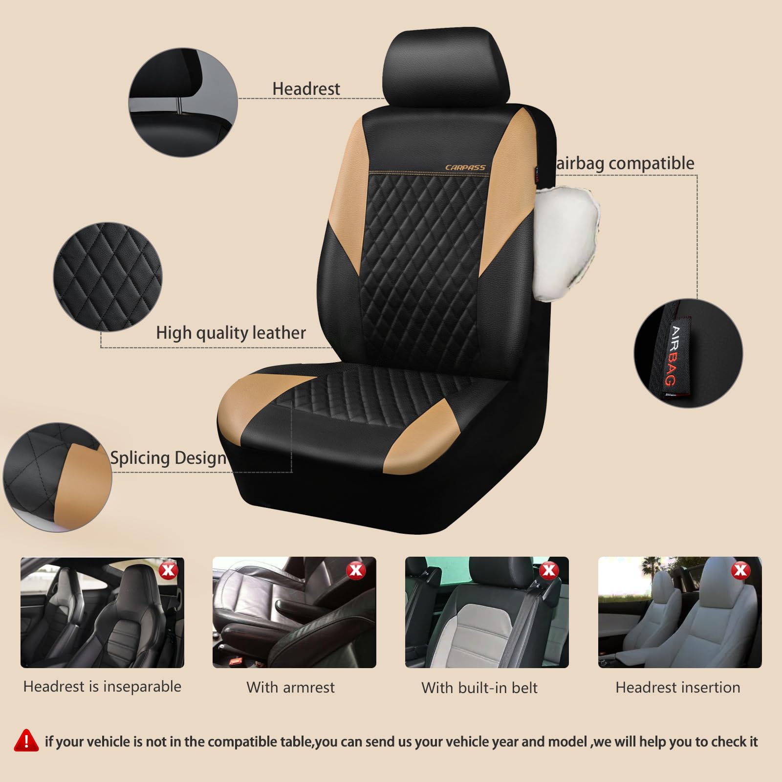 Car Pass Quilting Leather Front Seat Covers, Automotive Waterproof Deluxe Pu Premium Vinyl Luxury Two Front Seats Only Universal