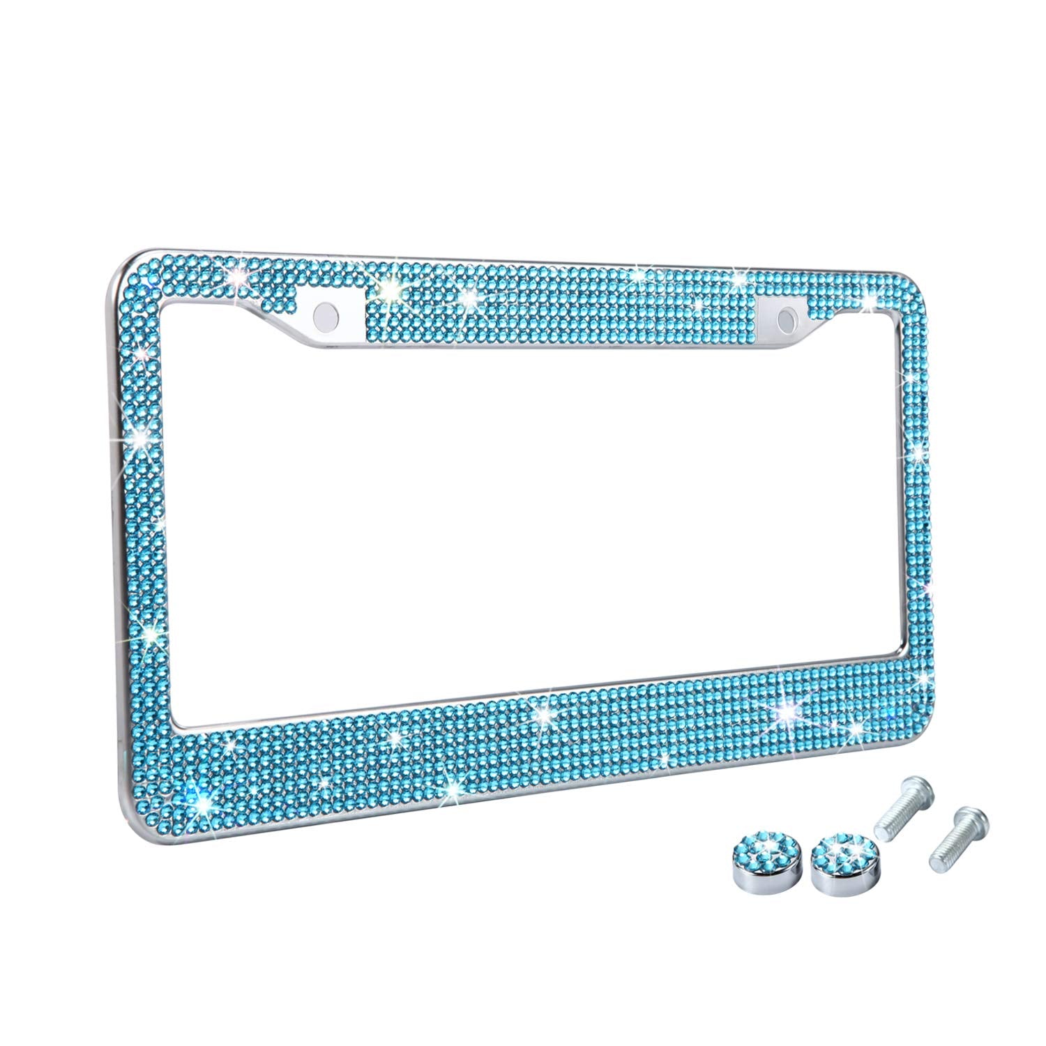 Tzarrot Blue Rhinestone Bling License Plate Frames For Women, Metal Rust-Proof License Plate Cover Bling Car Accessories For Wom