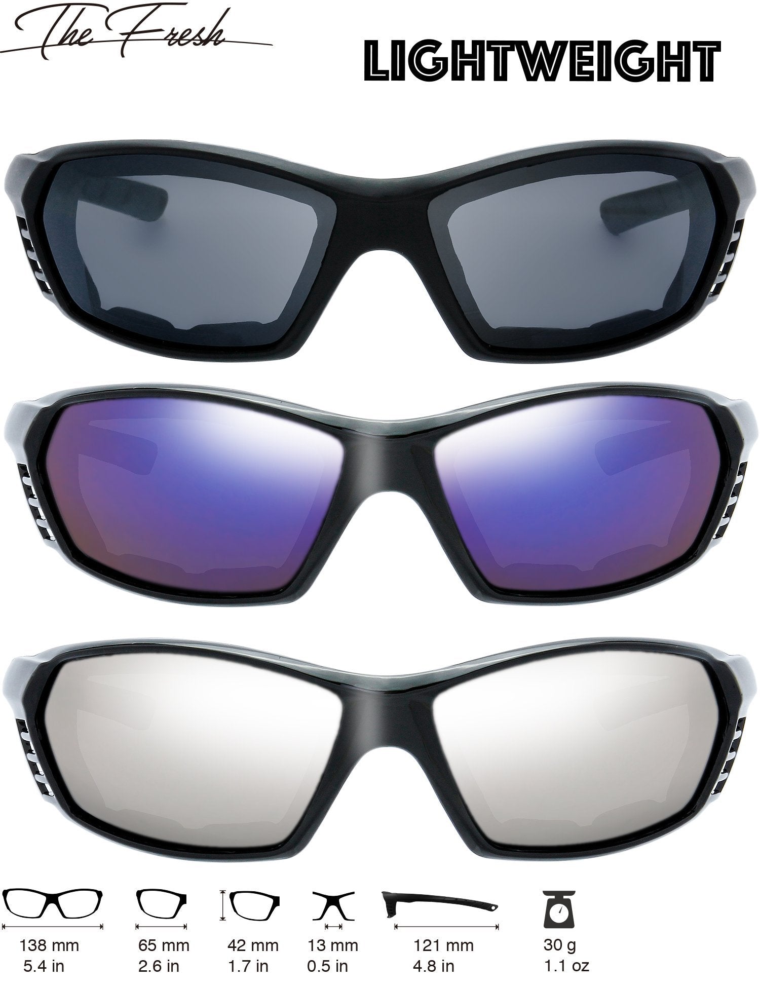 The Fresh 3 Pairs Motorcycle Riding Glasses Padded Frame Lens Block 100% UVB for Outdoor Activity Sport (10-Matte/Shiny Black, G