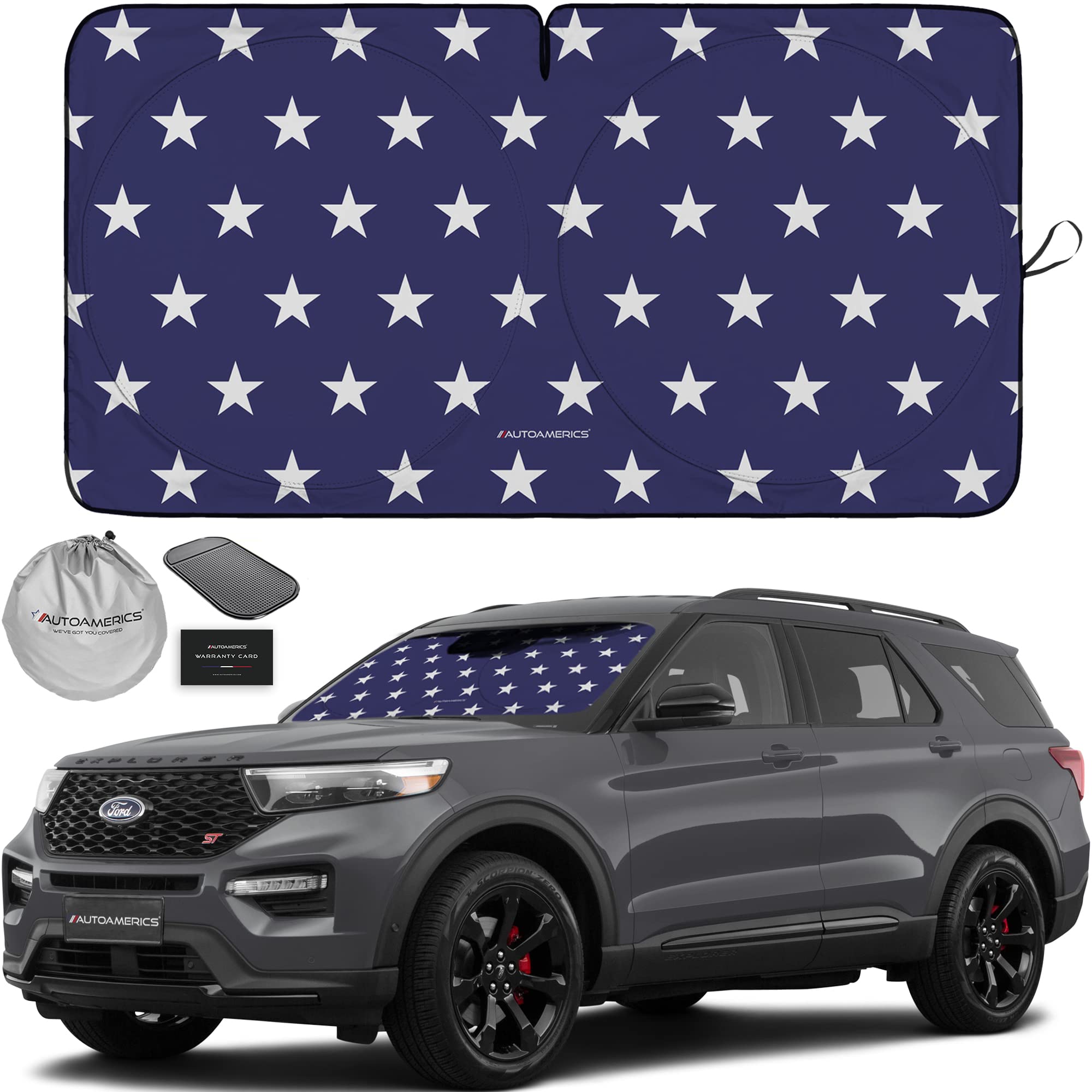 Autoamerics 1-Piece Windshield Sun Shade American Stars Flag Usa Patriotic Design - Foldable Car Front Window Sunshade For Sedan