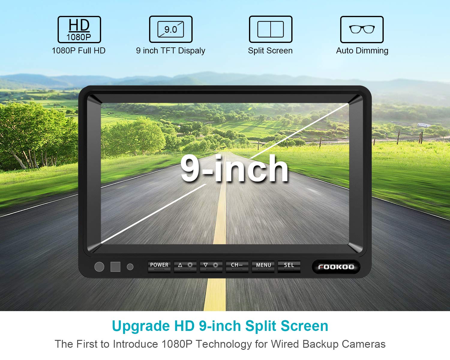 Fookoo ? Hd 1080P 9'' Wired Backup Camera System, 9-Inch Dvr Dual Split Screen Monitor, Ip69 Waterproof Rear View Camera For Tru