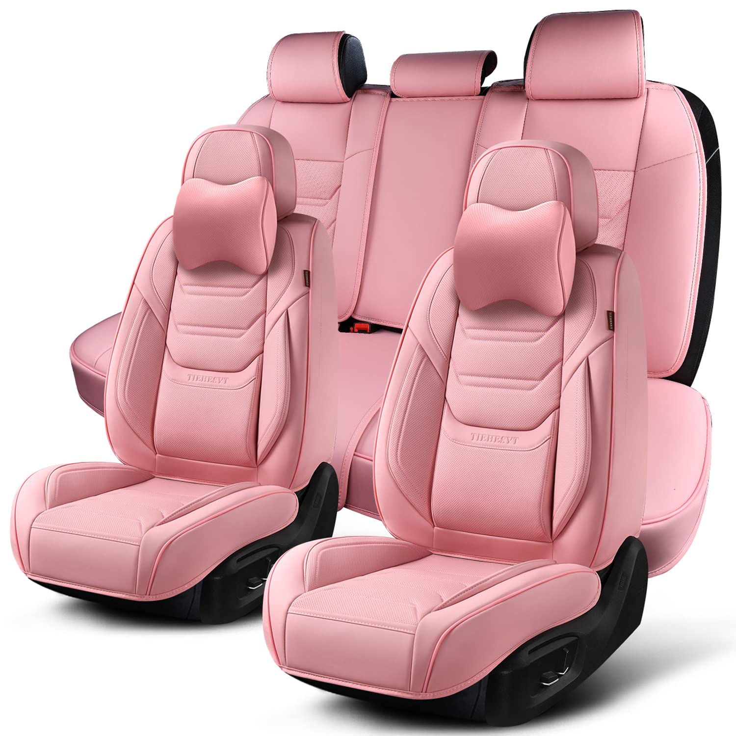 Tiehesyt Pink Car Seat Covers Full Set, Breathable Leather Automotive Front And Rear Seat Covers With Headrest, Waterproof Auto