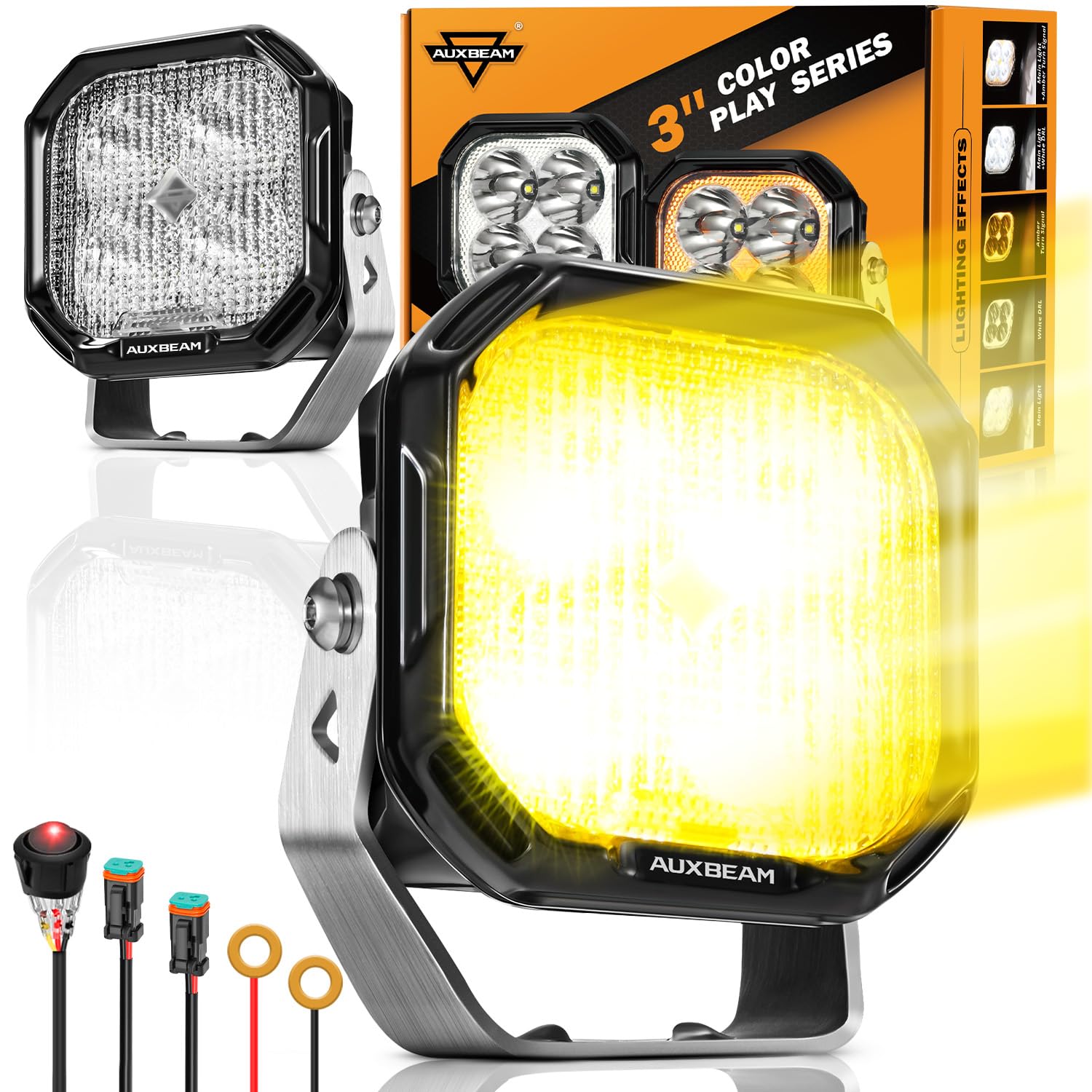 Auxbeam Color Play Series Flood Beam Led Pods, 3 Inch Offroad Lights 100W 11600Lm, Drl & Turn Signal 3 Modes, Amber White Dual C