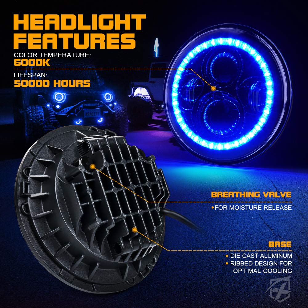 Xprite 7 Inch 90W Led Headlights & 4 Inch 60W Fog Lights Combo W/Blue Halo Compatible With 2007-2018 Jeep Wrangler Jk, Dot Appro