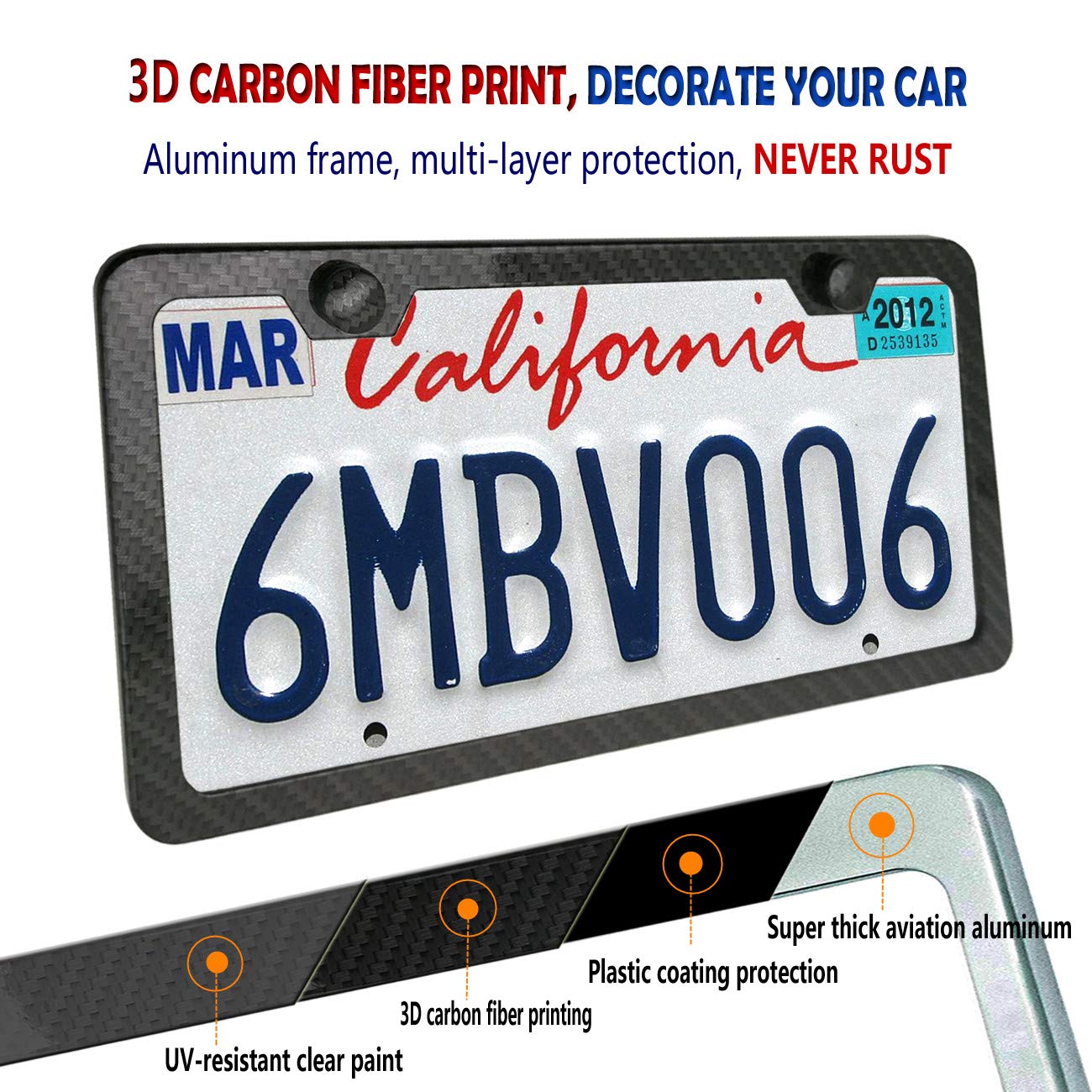 Aootf Carbon Fiber License Plate Frames- Anti Theft Black Aluminum Printed Carbon Patterns For Front Rear Car Tag Holder, With S