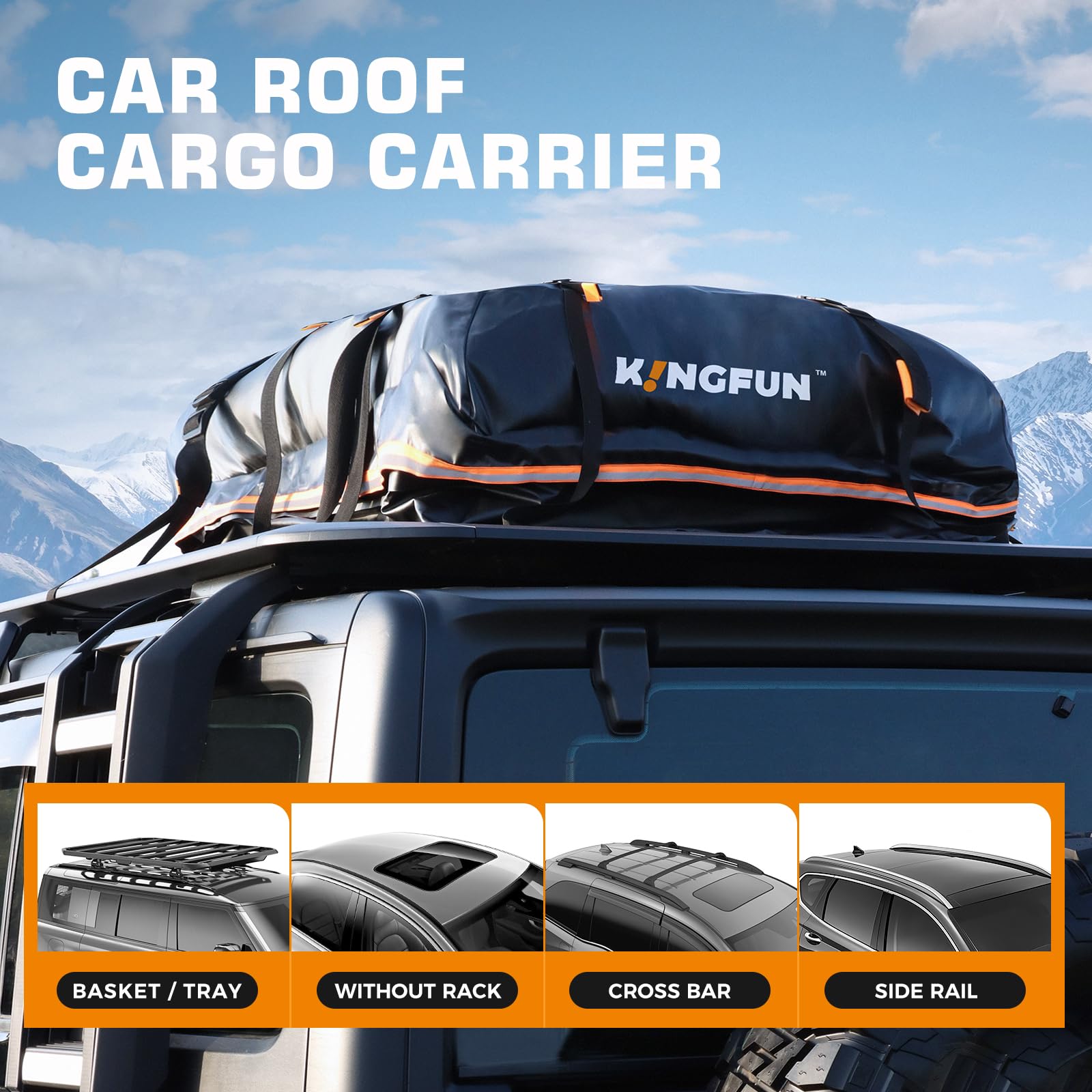 Kingfun Rooftop Cargo Carrier - Waterproof 15 Cubic Feet Car Roof Bag for All Vechicles with/Without Racks, Includes Anti-Slip M