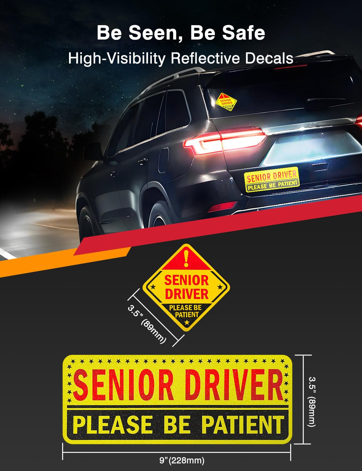 5 Reusable Senior Driver Stickers (Non-Magnetic) - Reflective Please Be Patient Decals For Elderly Drivers - Paint-Safe, Residue