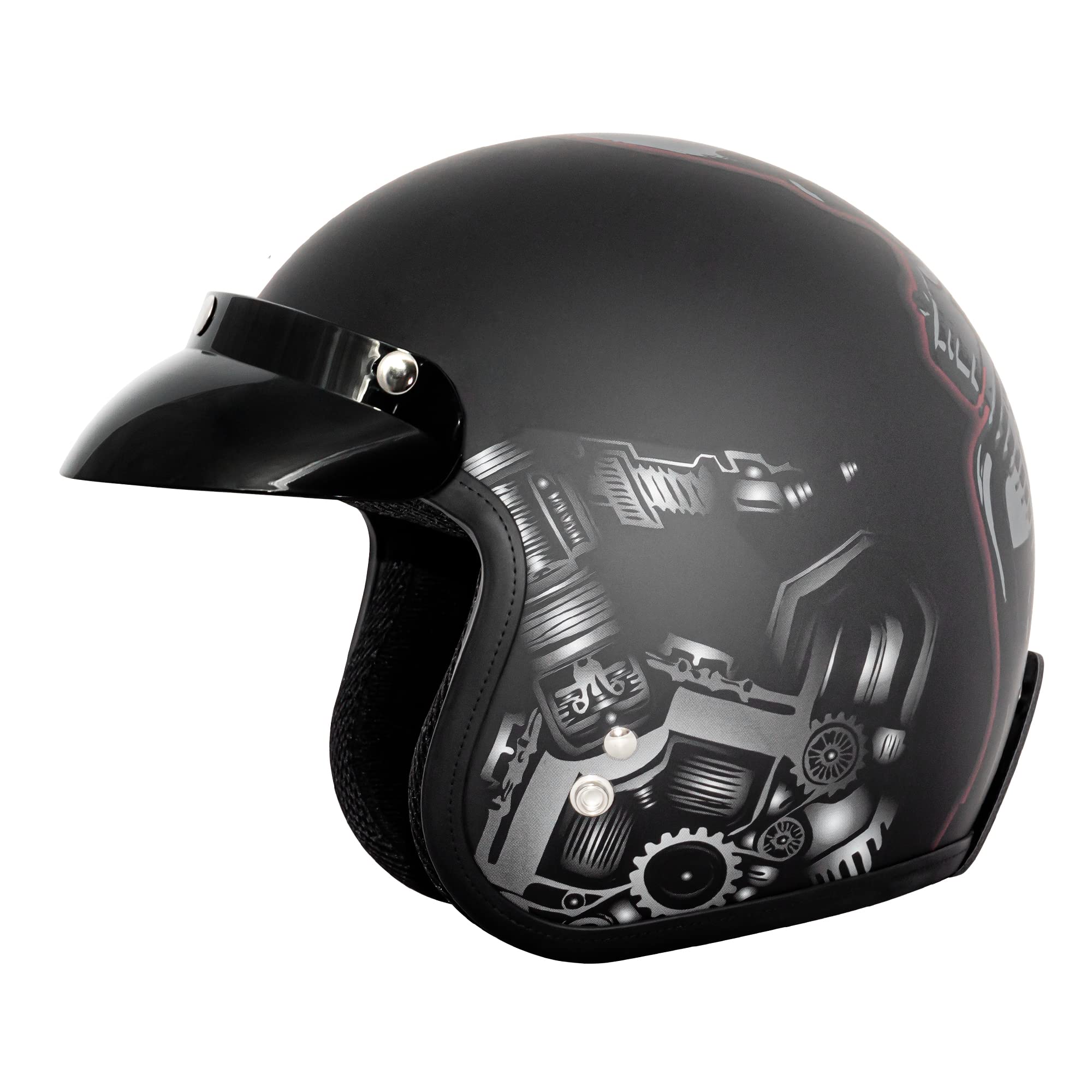 VCAN V85C 3/4 Open Face Motorcycle Helmet DOT Approved (Matte Black Red Skull, Medium)
