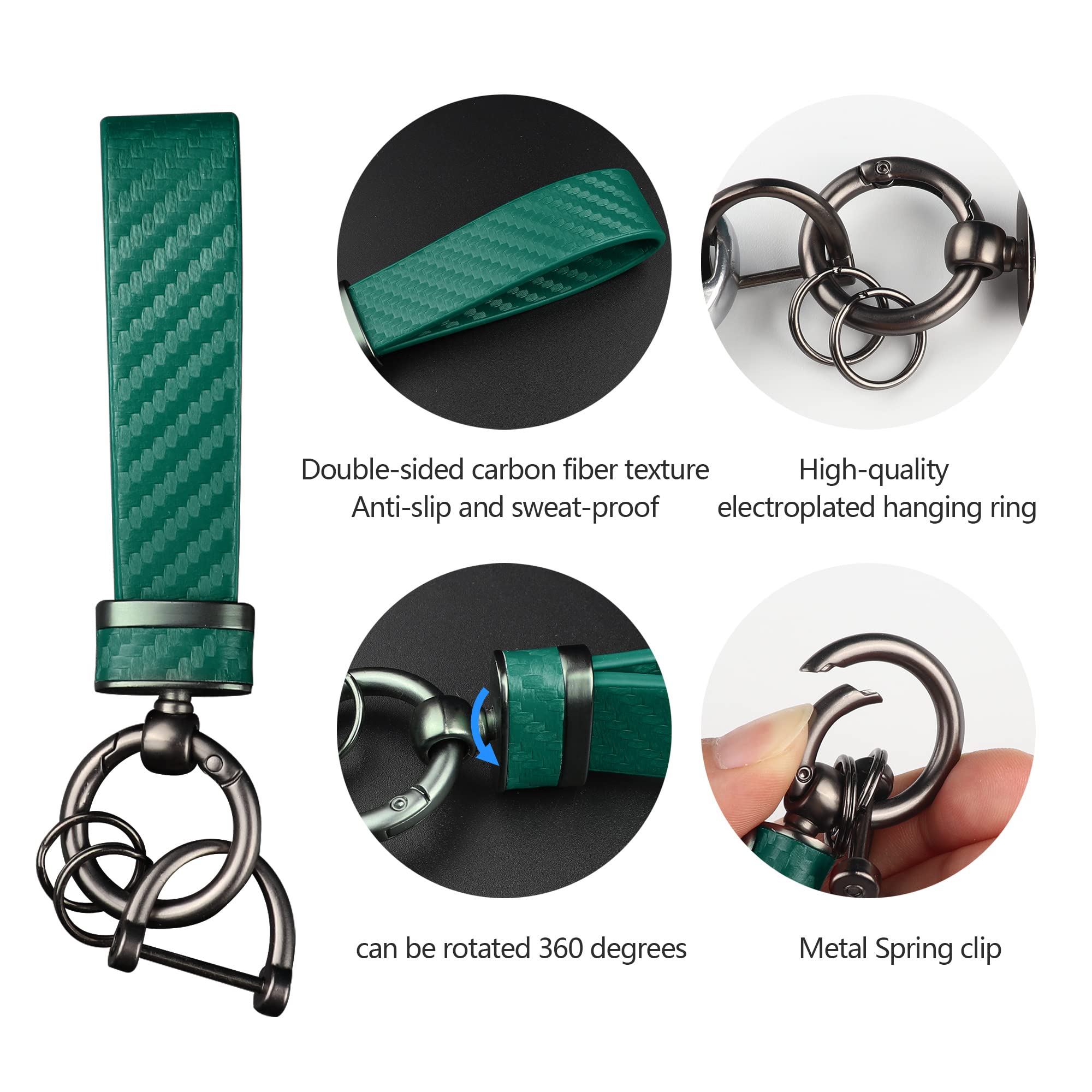 Turcee Carbon Fiber Car Keychain,Interior Accessories Keychains Leather Car Key Fob,Car Accessories Key Ring & Anti-Lost D-Ring(Green)