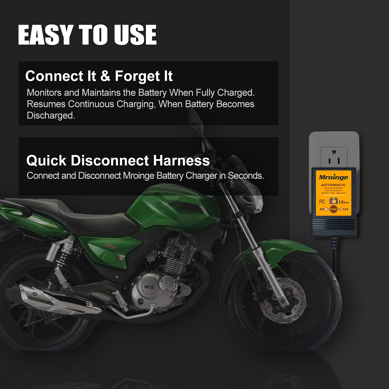 Mroinge Mbc015, 6V / 12V 1.5A Fully Automatic Trickle Battery Charger/Maintainer For Automotive Vehicle Motorcycle Lawn Mower Atv Rv Powersport Boat, Sealed Deep-Cycle Agm Gel Cell Lead Acid Batteries