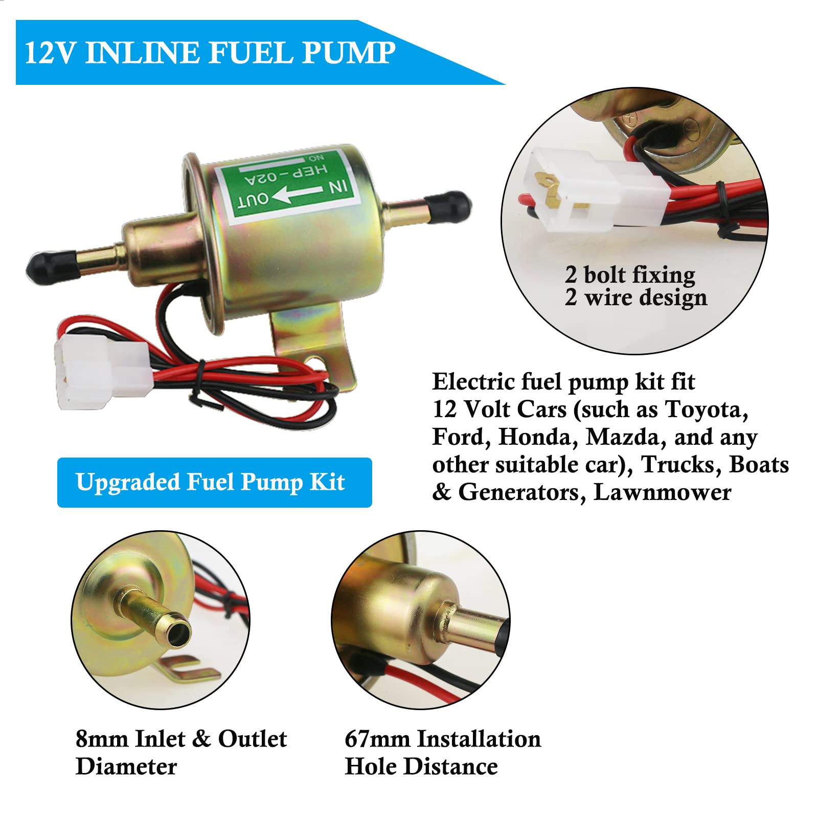 Universal Electric Fuel Pump Kit For All 12V Cars Trucks Boats Carburetor Lawn Mower, Dc 12V (3-6Psi) Fuel Pump+ 2M 5/16'' Id Fu