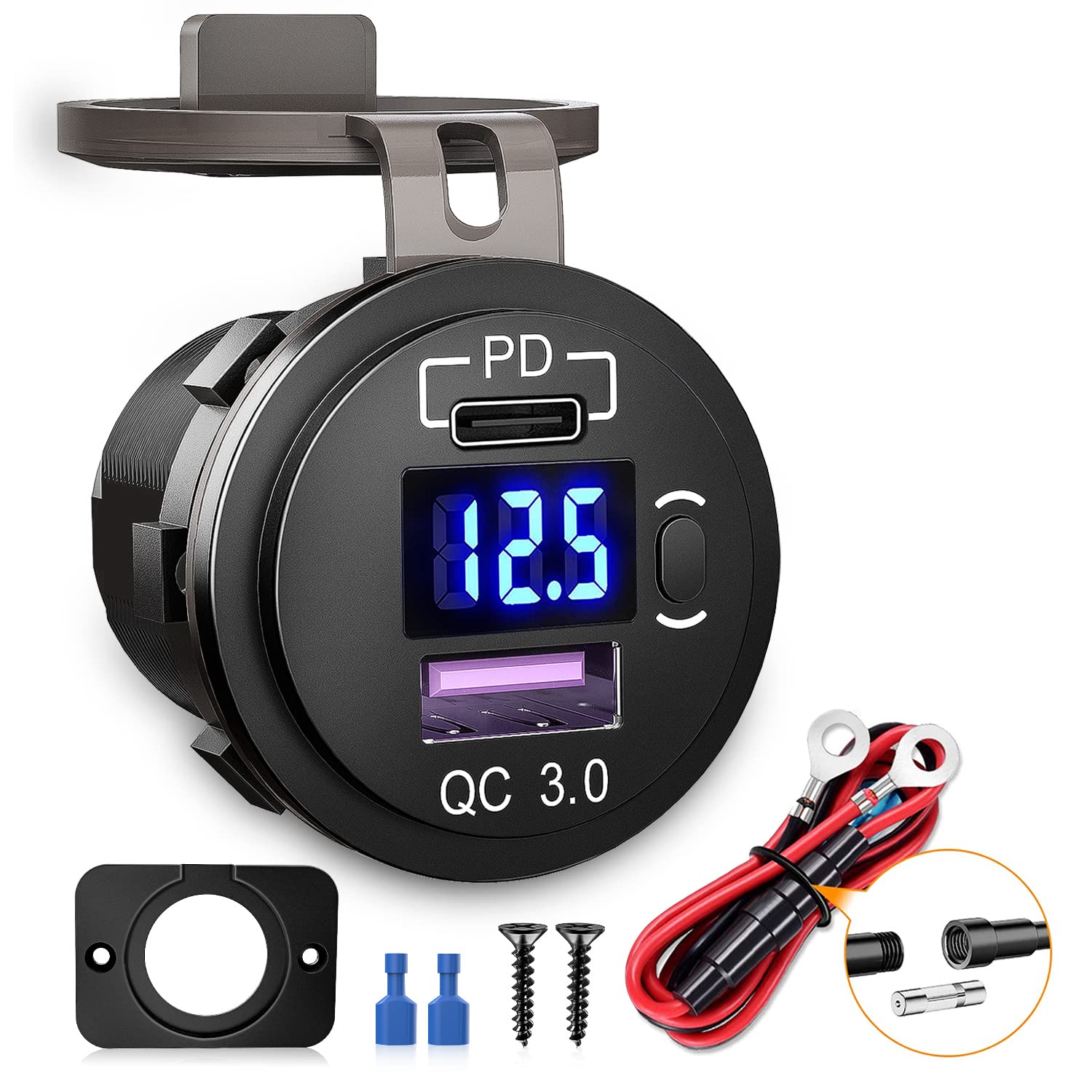 Nilight Quick Charge Socket Pd Type C And Qc 3.0 Usb Fast 12V 24V Car Outlet Voltmeter On Off Switch Fused Wire Kit Dual Charger