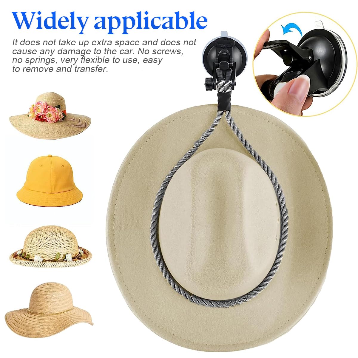 Zipelo Hat Mounts For Car, Cowboy Hat Holder Rack With Suction Cup And Handmade Rope, Car Accessories, Universal Cowboy Hat Hanger For Suv Truck Vehicle Home, Keeps Your Hat On The Dash (Black)