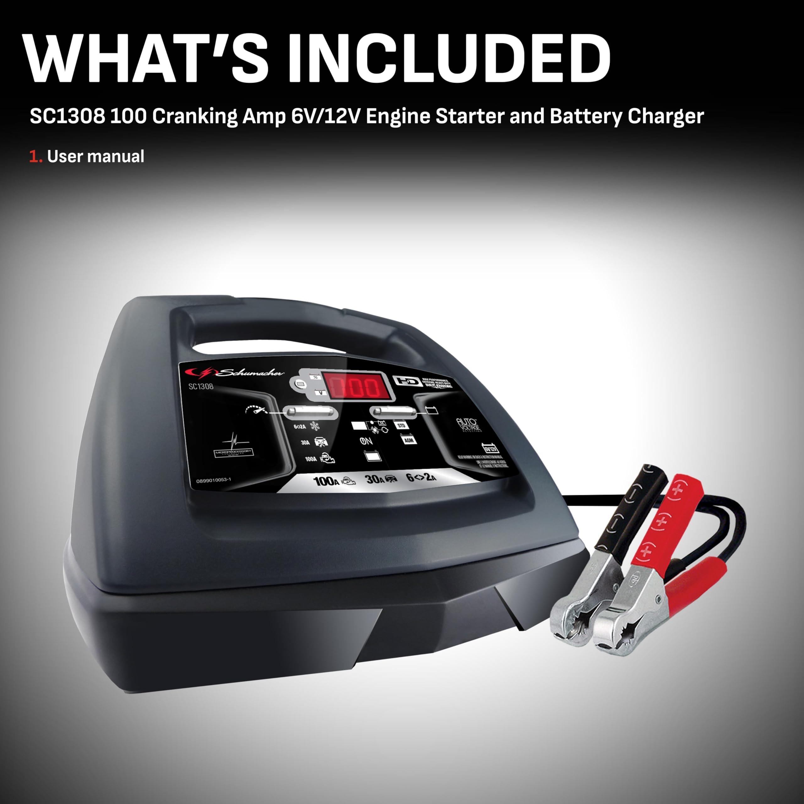 Schumacher Electric Fully Automatic Battery Charger Engine Starter, 6-in-1, SC1308 - 100 Cranking Amps, 6-Volt, 12-Volt, for Mot