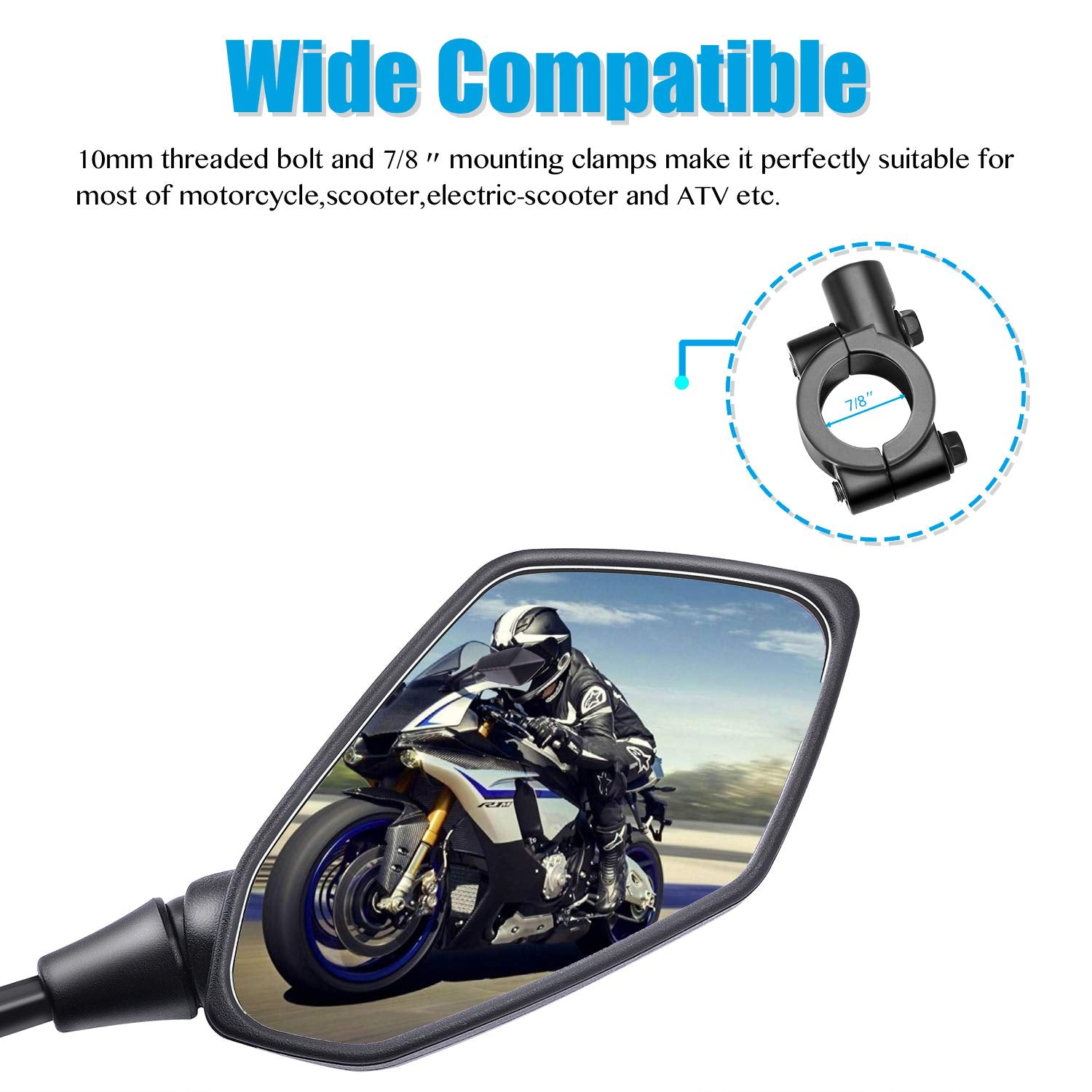 Trkimal Universal Adjustable Motorcycle Rear View Mirror - Rhombus Convex Mirror with 10mm Clockwise Thread Bolt, 7/8    Mount C