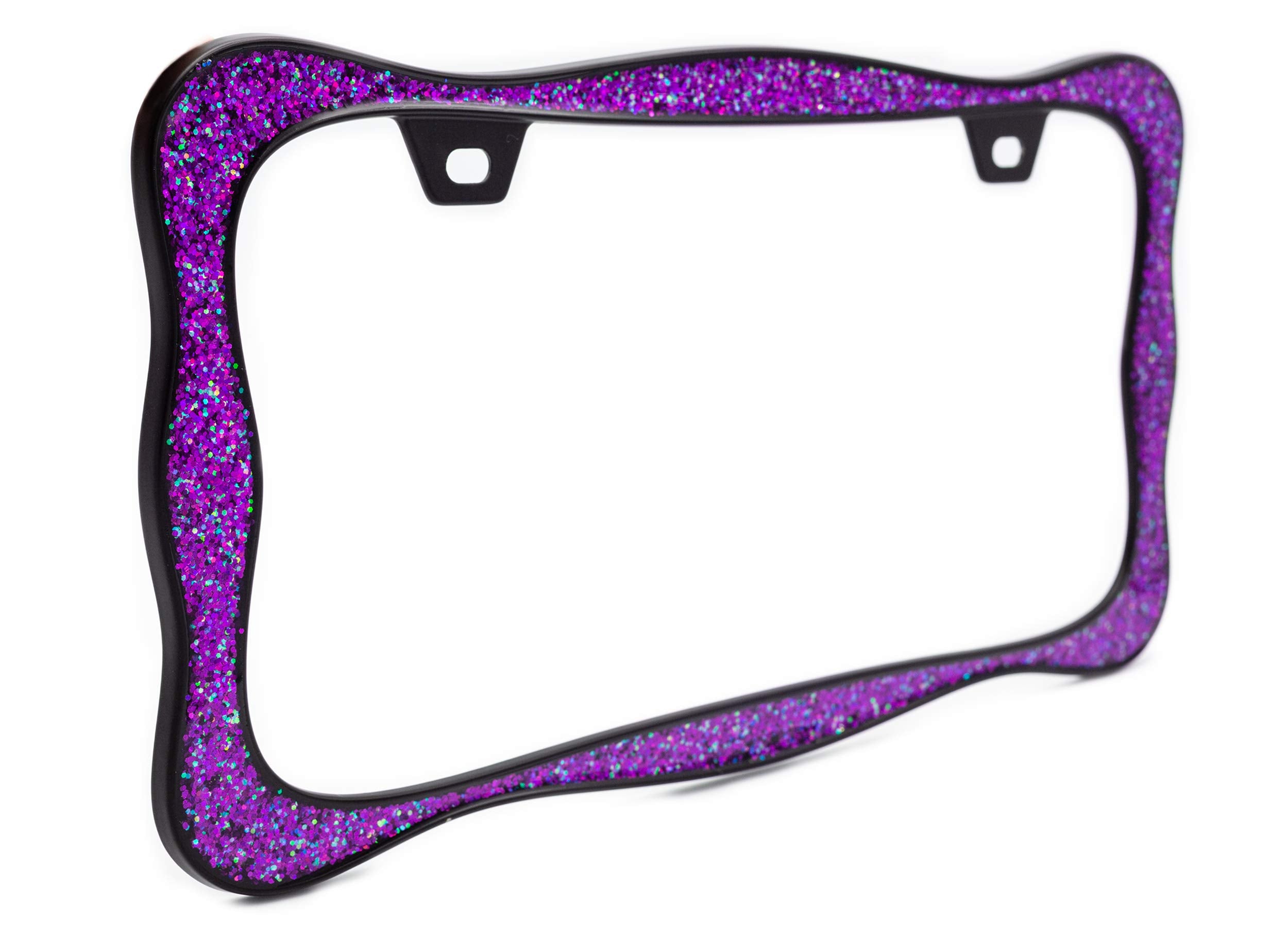 Creathome 3D Shining License Plate Frame, Black Powder Coated With Purple Chunky Gliter, Pure Zinc Alloy Metal