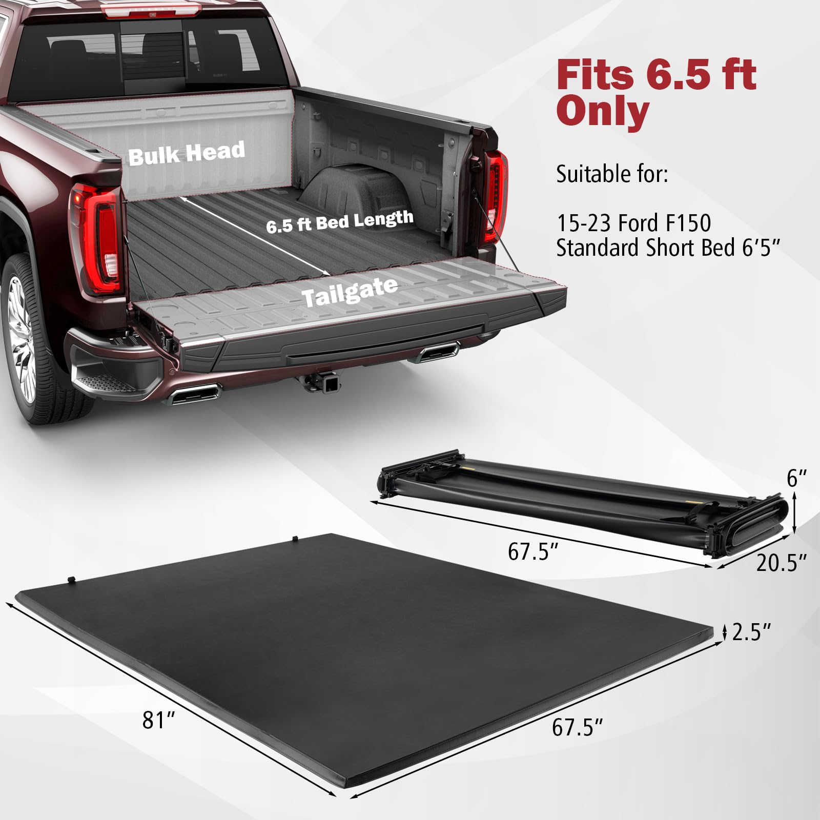 Ironmax Truck Bed Cover, Soft Tri-Fold Truck Tonneau Cover Compatible With 2015-2023 Ford F150 Standard Short Bed, Fleetside 6.5 Feet Bed