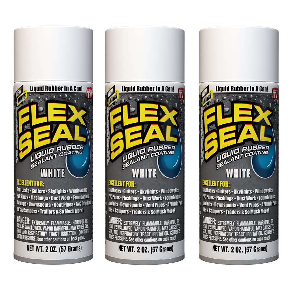 Flex Seal Mini, 3-Pack, White, Stop Leaks Instantly, Waterproof Rubber Spray On Sealant Coating, Travel Size, Perfect For Gutter