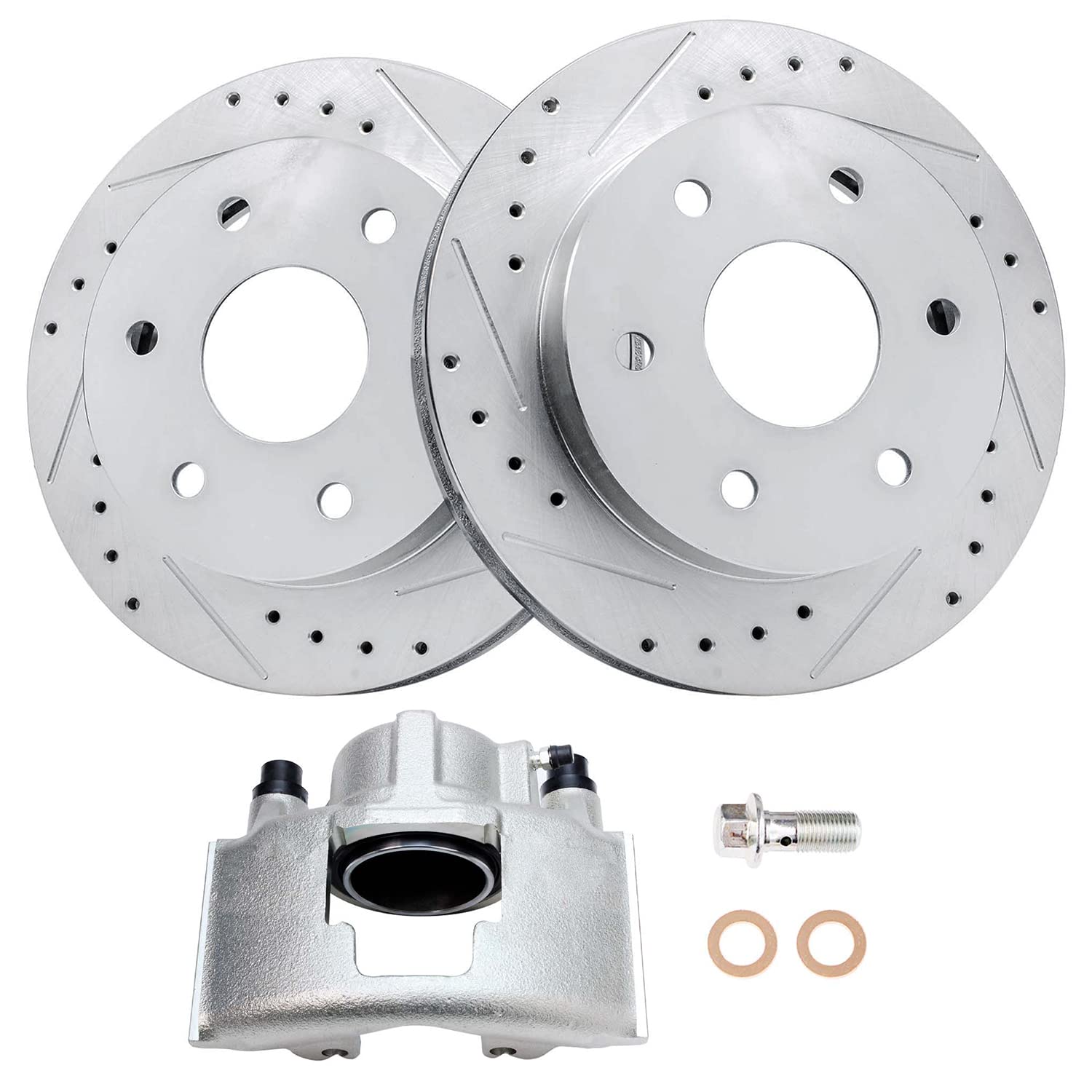 Detroit Axle - Front Drilled Rotors Right Caliper Replacement for Escalade K1500 K2500 Suburban Tahoe Yukon - 3pc Set