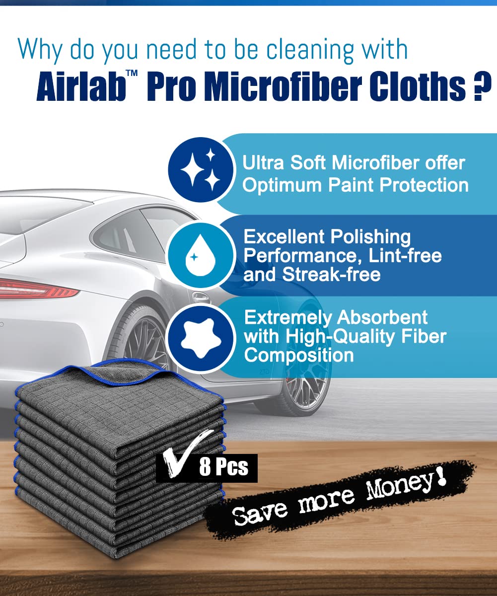 Airlab Microfiber Towels For Cars Wash & Drying Auto Detailing, Highly Absorbent, Lint-Free, Streak-Free, All-Purpose Cleaning Cloths For Household, 16 X 16, Pack Of 8, Grey